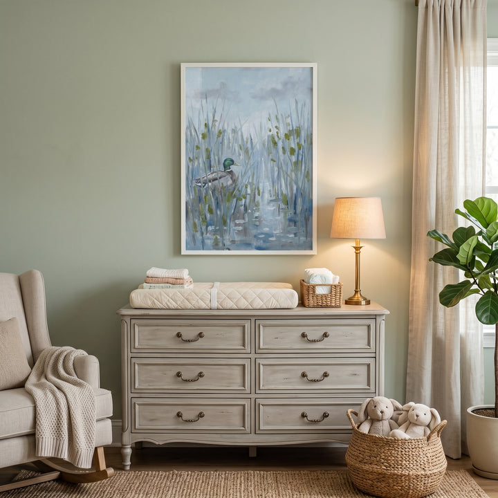 Impressionist marshland mallard duck wall art hangs over a gray dresser in a nursery with a lamp and a wicker toy basket.