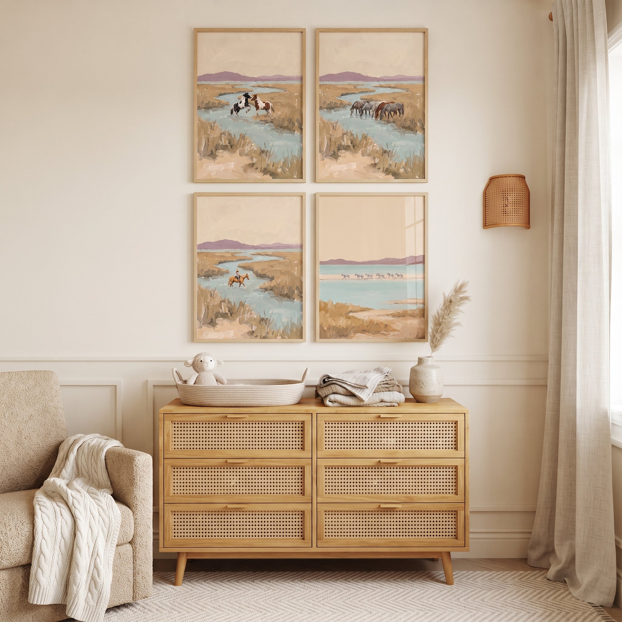 Impressionist Mauve Hills Horses Wall Art Set of 4 - Wild Horse Crossing