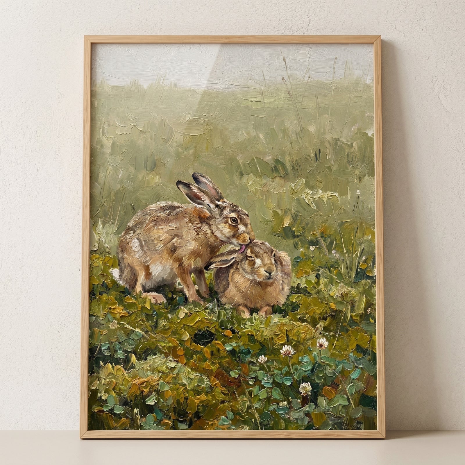 Framed impressionist meadow grooming hare wall art shows one brown hare licking the ear of another in a textured field.
