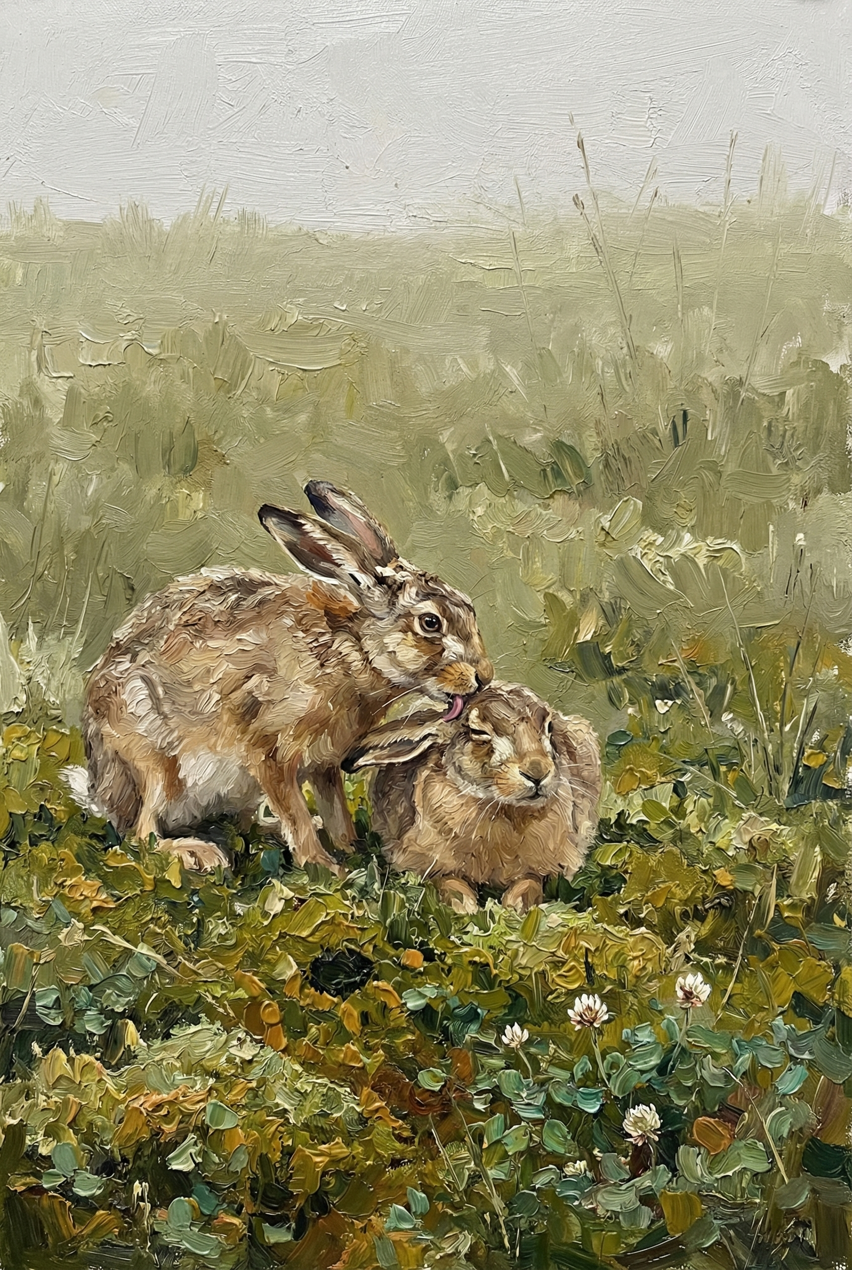 Impressionist Meadow Grooming Hare Wall Art - Wild Hare Affection