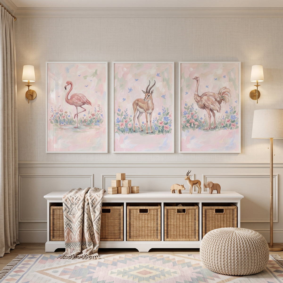 Impressionist Meadow Safari Animals Wall Art Set of 3 - Whimsical Meadow Wildlife
