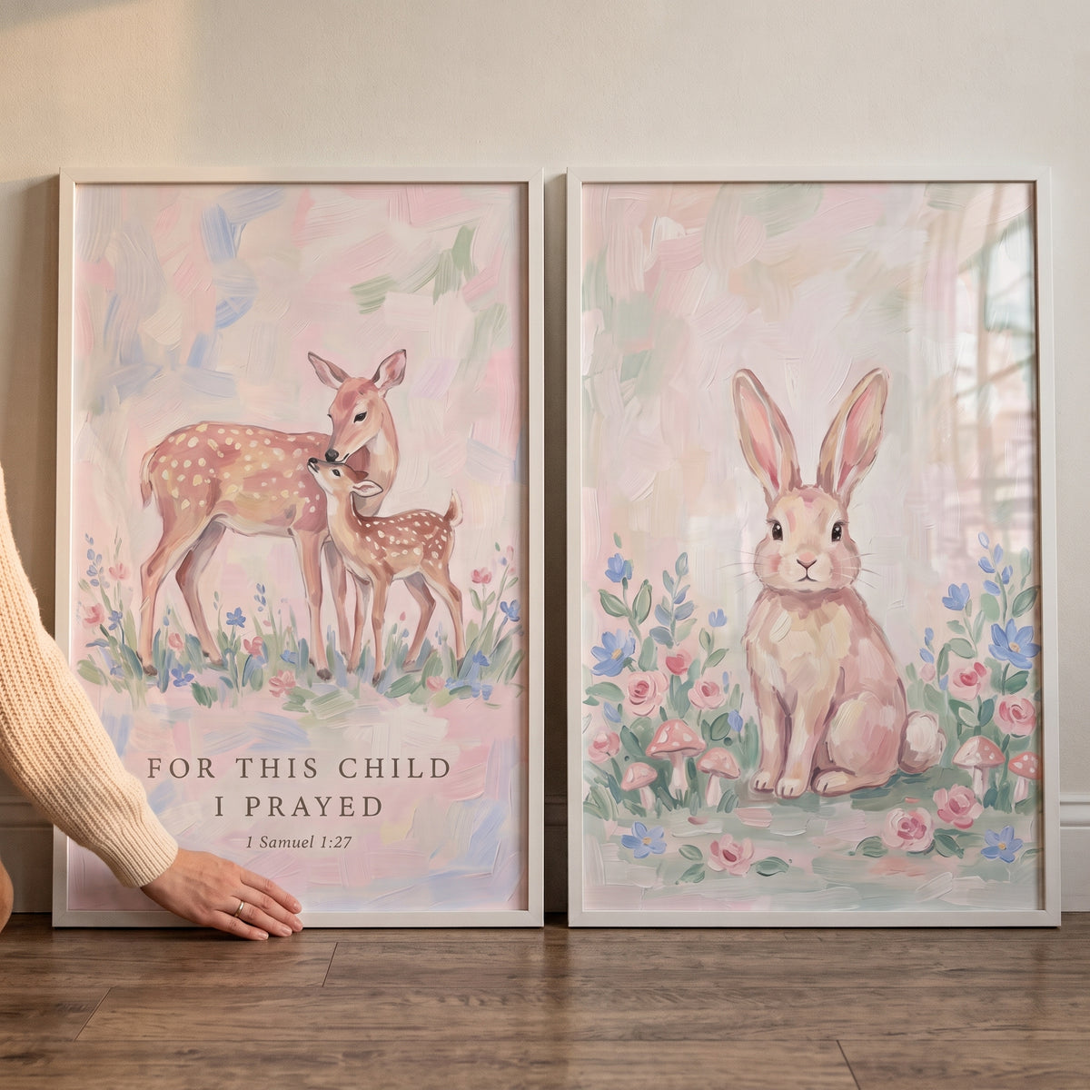 Impressionist Meadow Woodland Animals Wall Art Set of 2 - Sweet Nursery Prayer