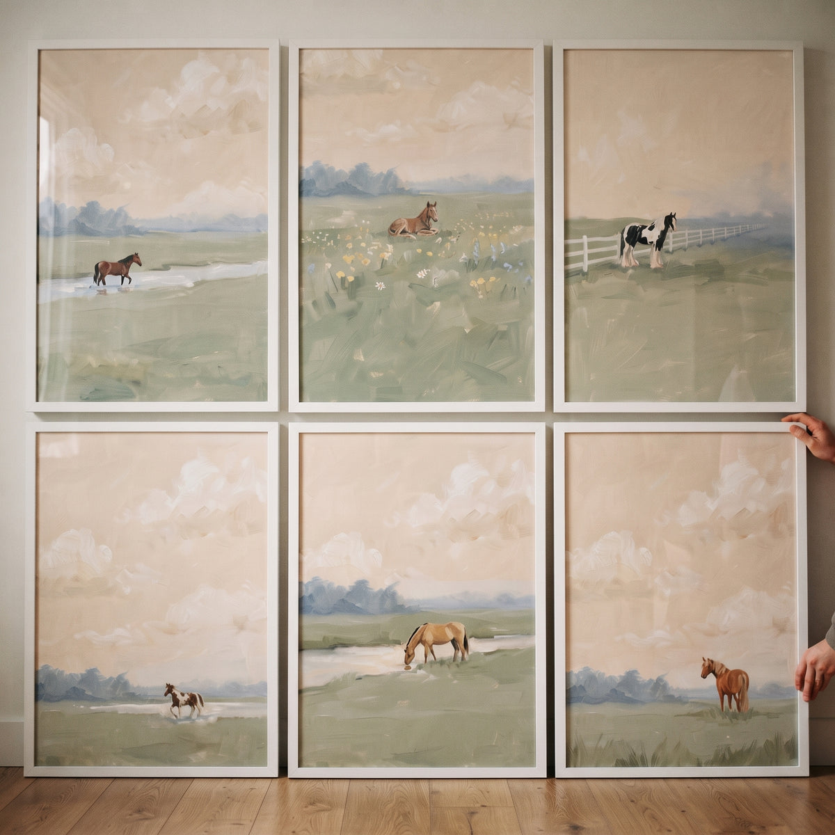 Impressionist olive field horse wall art set of 6 features horses resting and grazing in soft, muted landscape scenes.