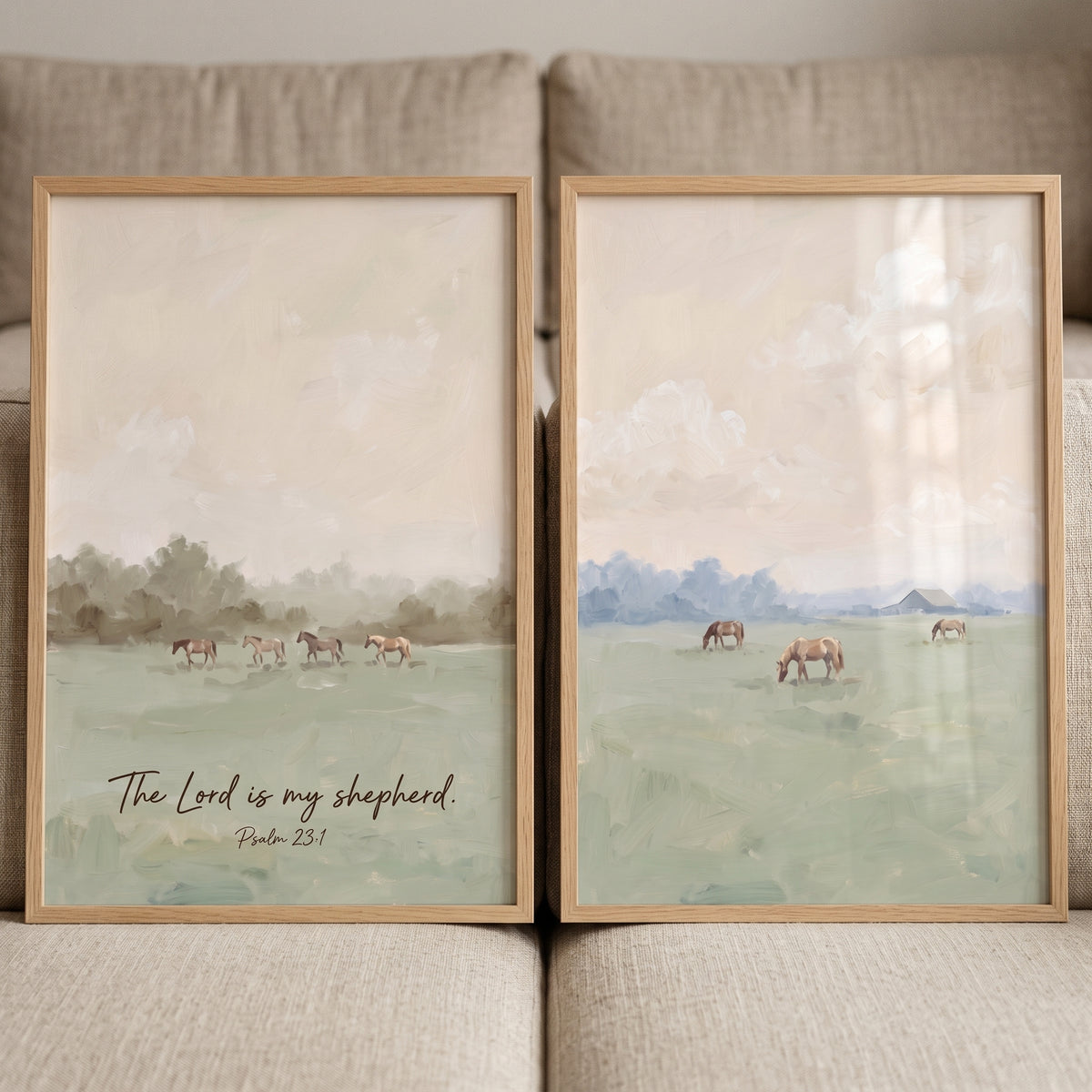 Impressionist olive green horses wall art set of 2 shows horses in soft fields with the text The Lord is my shepherd.