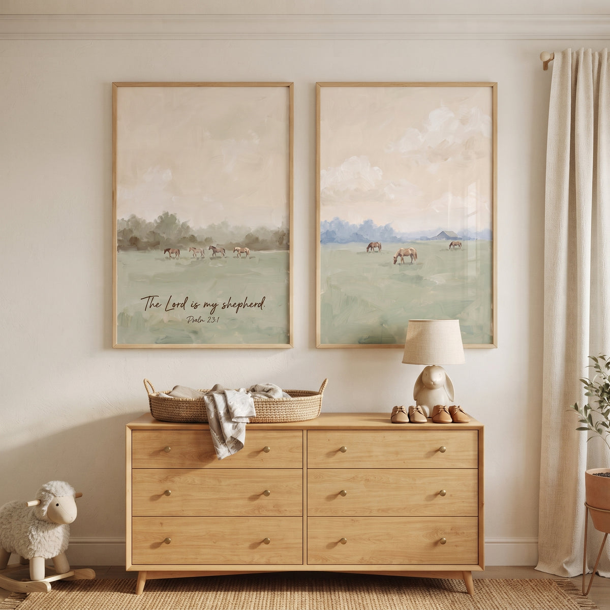 Impressionist Olive Green Horses Wall Art Set of 2 - The Lord's Pasture