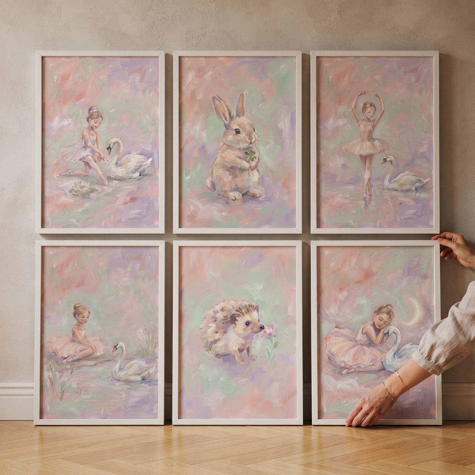Impressionist pastel fairytale friends artwork set of 6 featuring ballerinas, swans, a bunny, and a hedgehog.