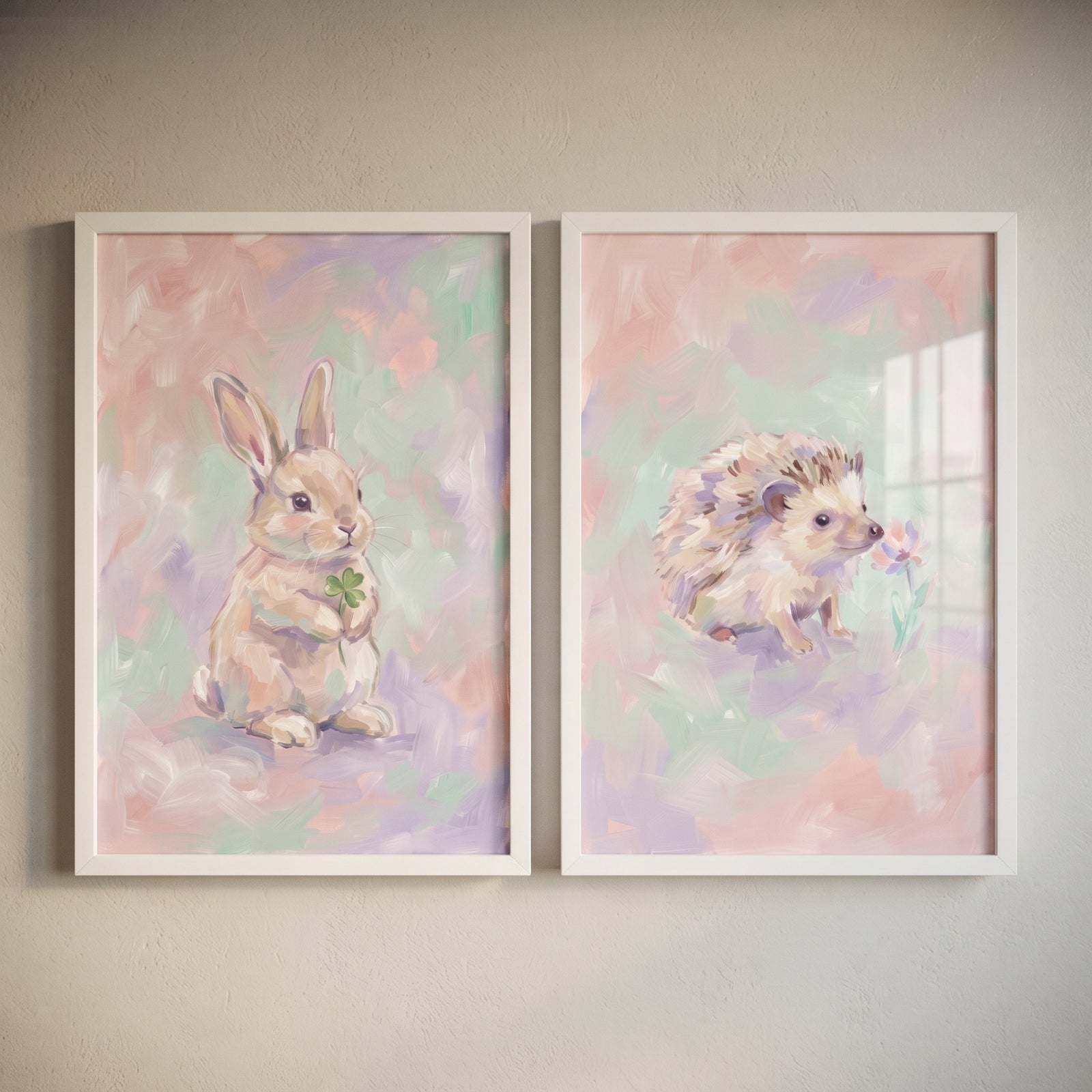 Impressionist pastel woodland animal wall art set of 2 featuring a bunny holding a clover and a hedgehog with a flower.
