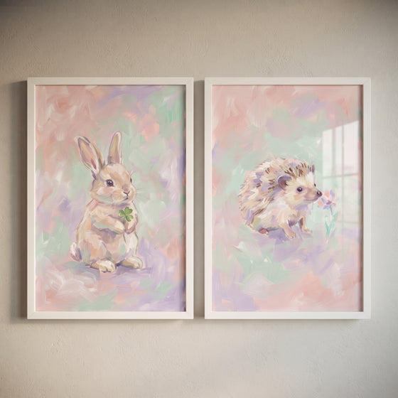 Impressionist pastel woodland animal wall art set of 2 featuring a bunny holding a clover and a hedgehog with a flower.