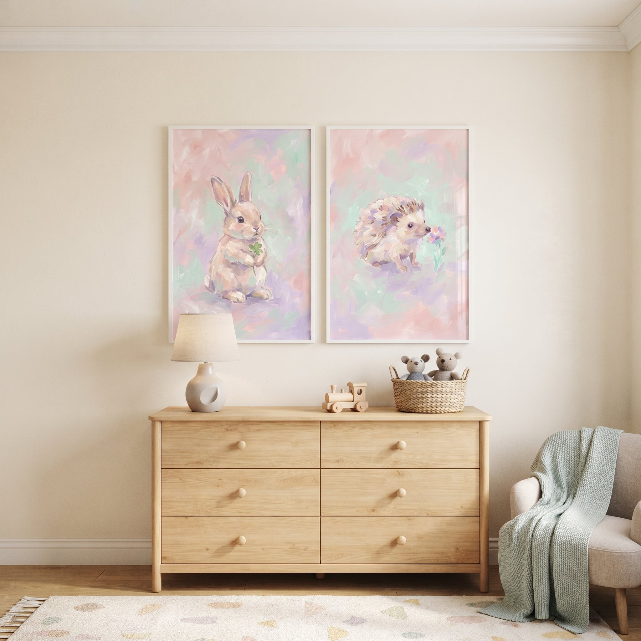 Impressionist Pastel Woodland Animal Wall Art Set of 2 - Gentle Pastel Pals