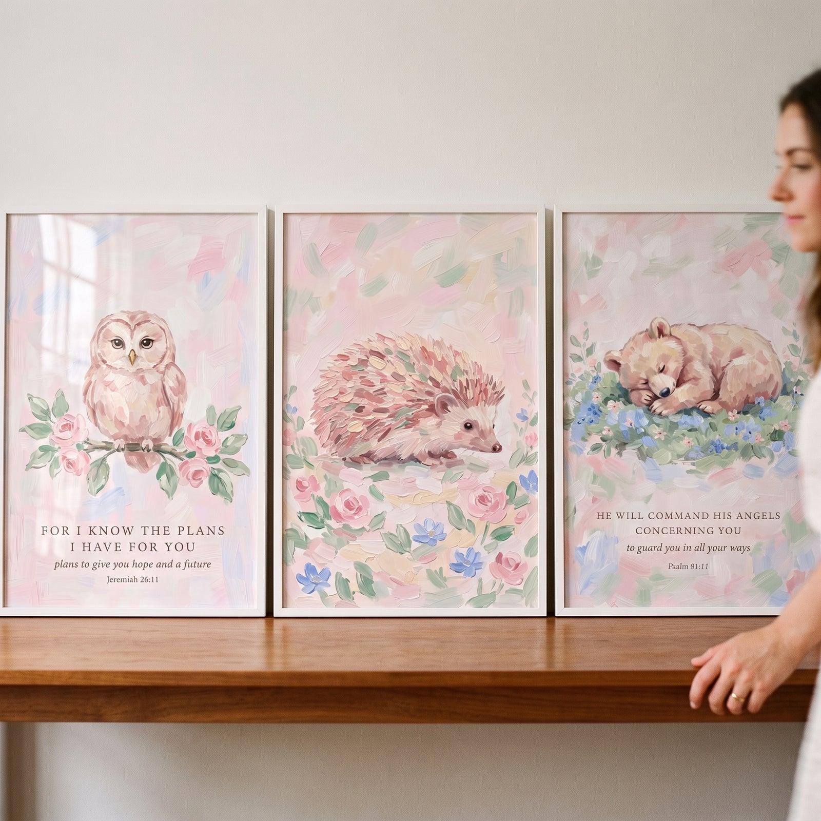 Impressionist pastel woodland animals wall art set of 3 featuring an owl, hedgehog, and sleeping bear cub with scripture.