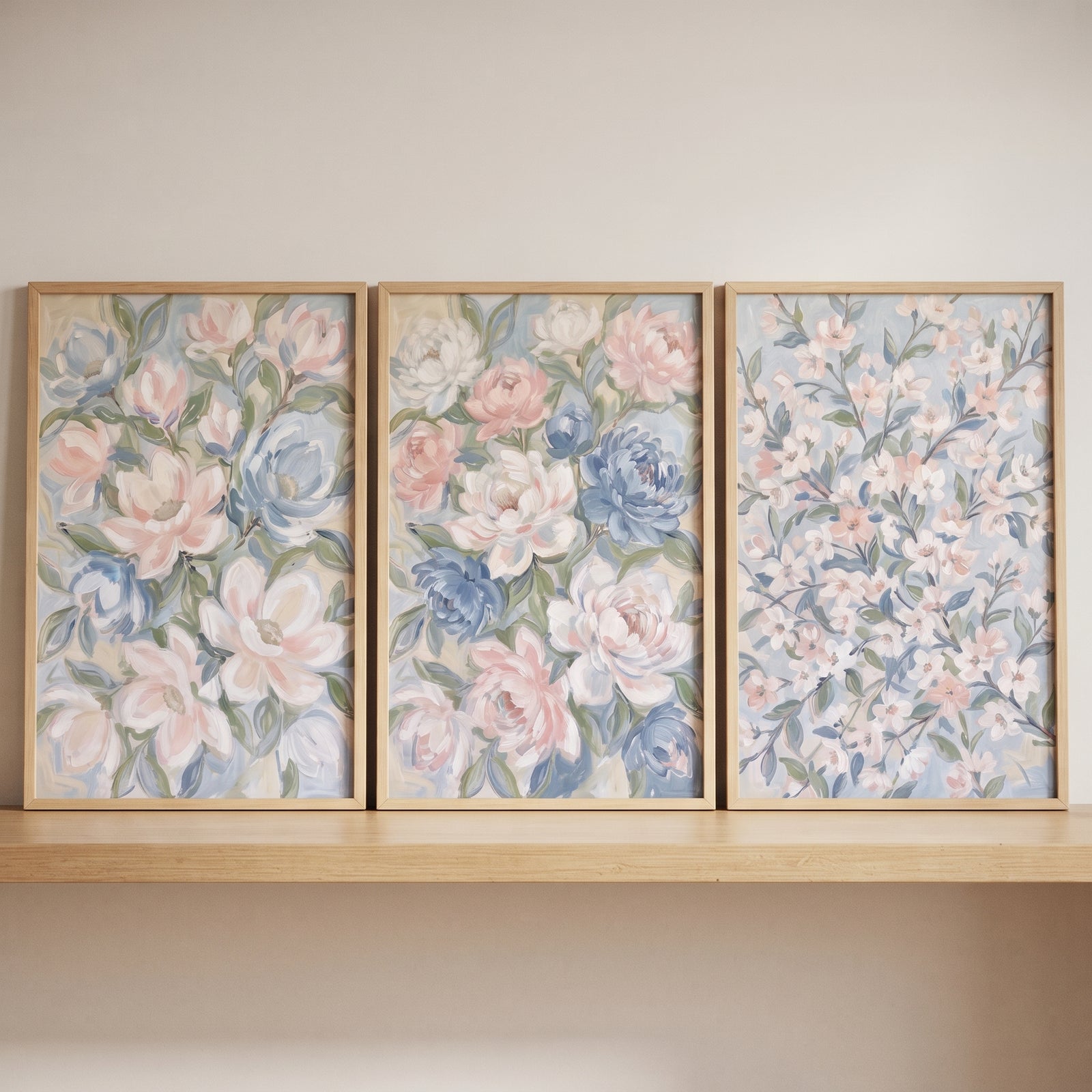 Impressionist pink blue floral wall art set of 3 in light wood frames on a wooden shelf.