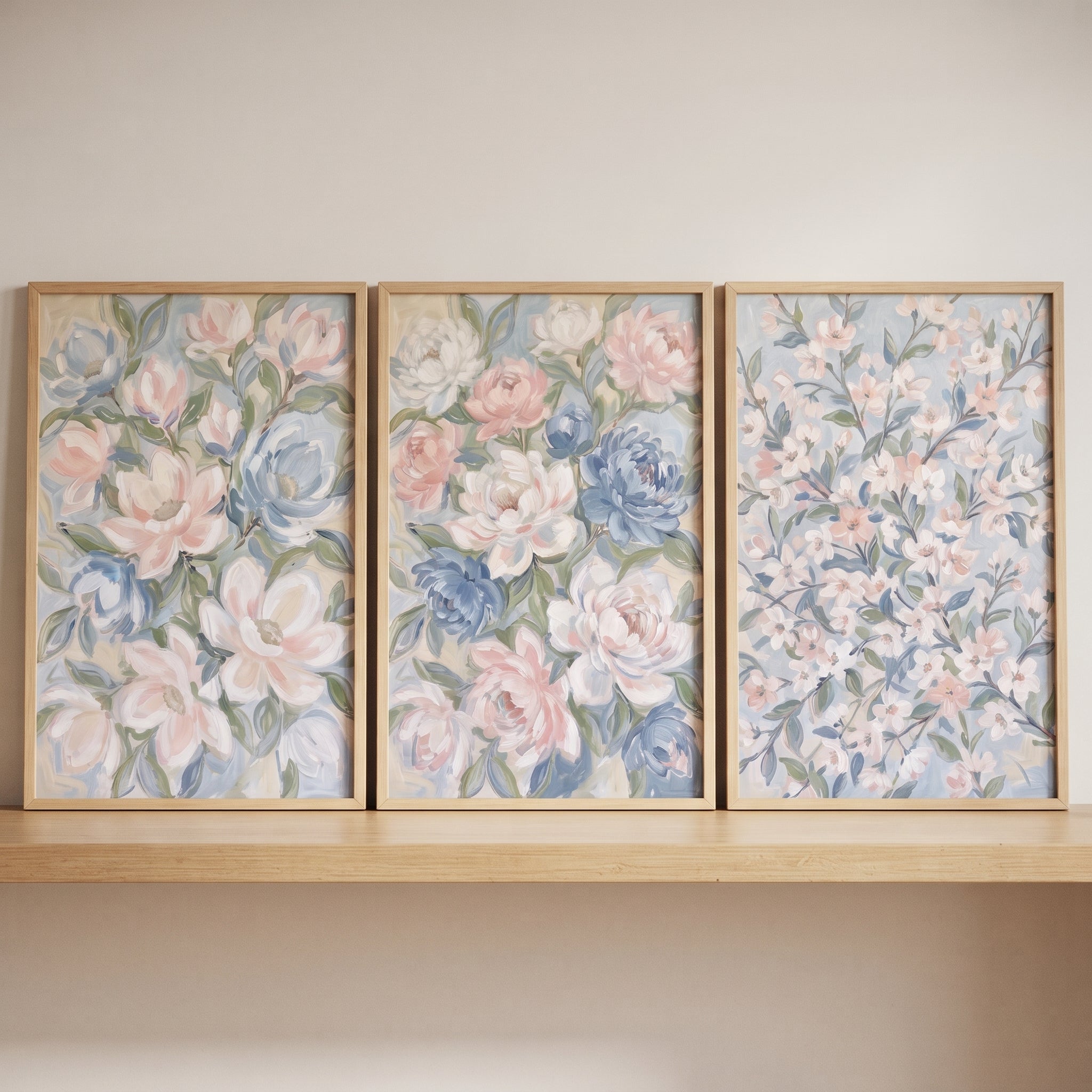 Impressionist Pink Blue Floral Wall Art Set of 3 - Spring Blossom Set
