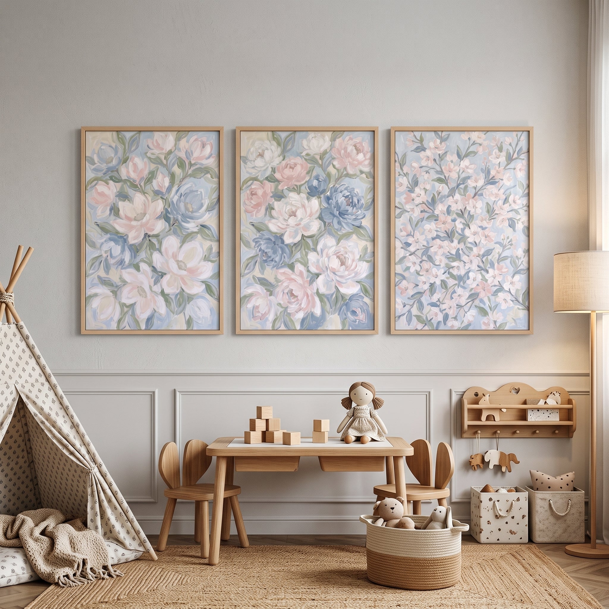 Impressionist Pink Blue Floral Wall Art Set of 3 - Spring Blossom Set