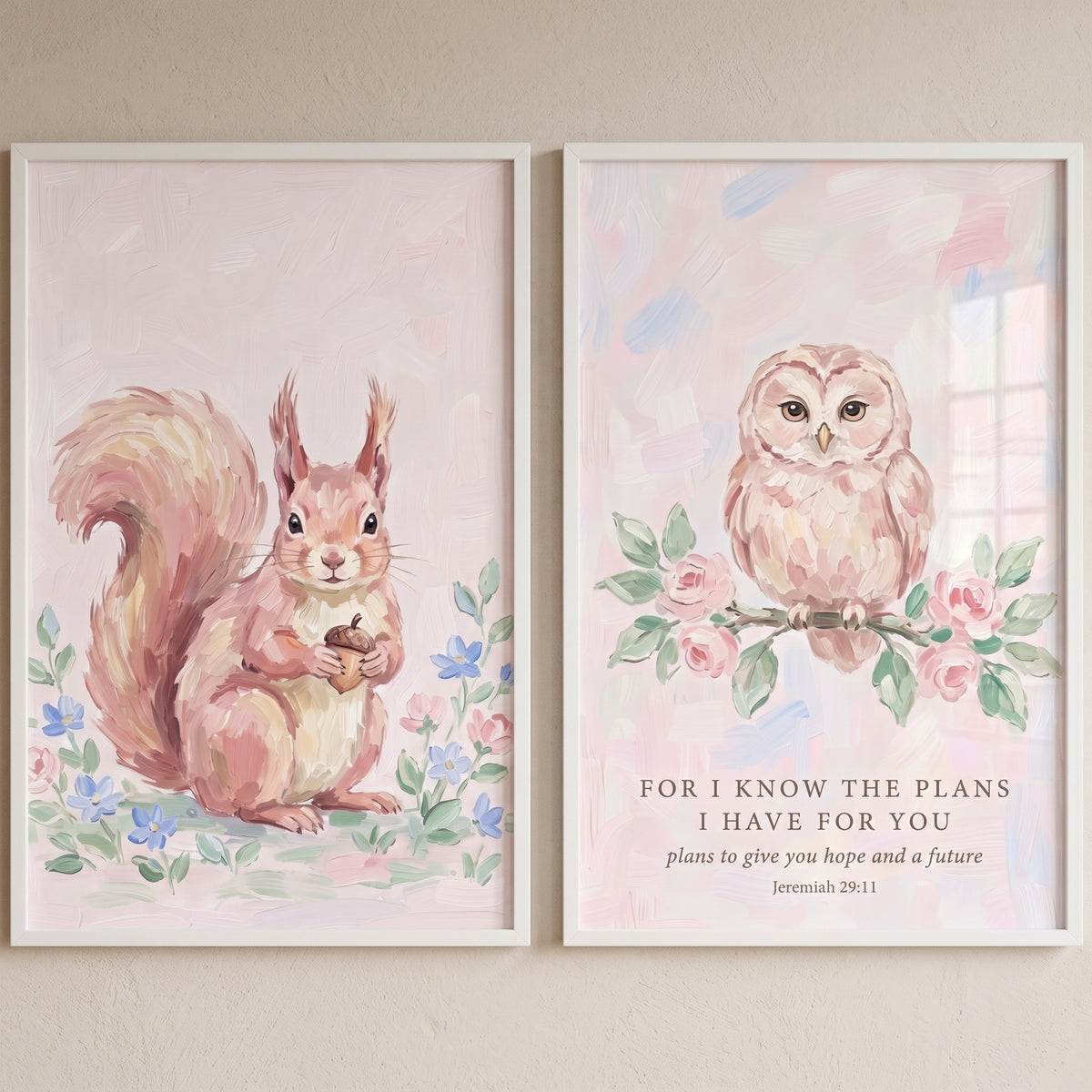 Impressionist pink woodland animals wall art set of 2 featuring a squirrel and an owl with text from Jeremiah 29:11.