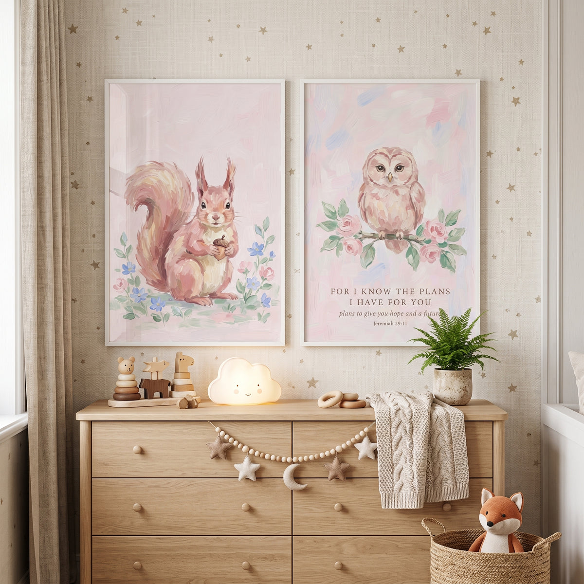 Impressionist Pink Woodland Animals Wall Art Set of 2 - Whimsical Forest Faith