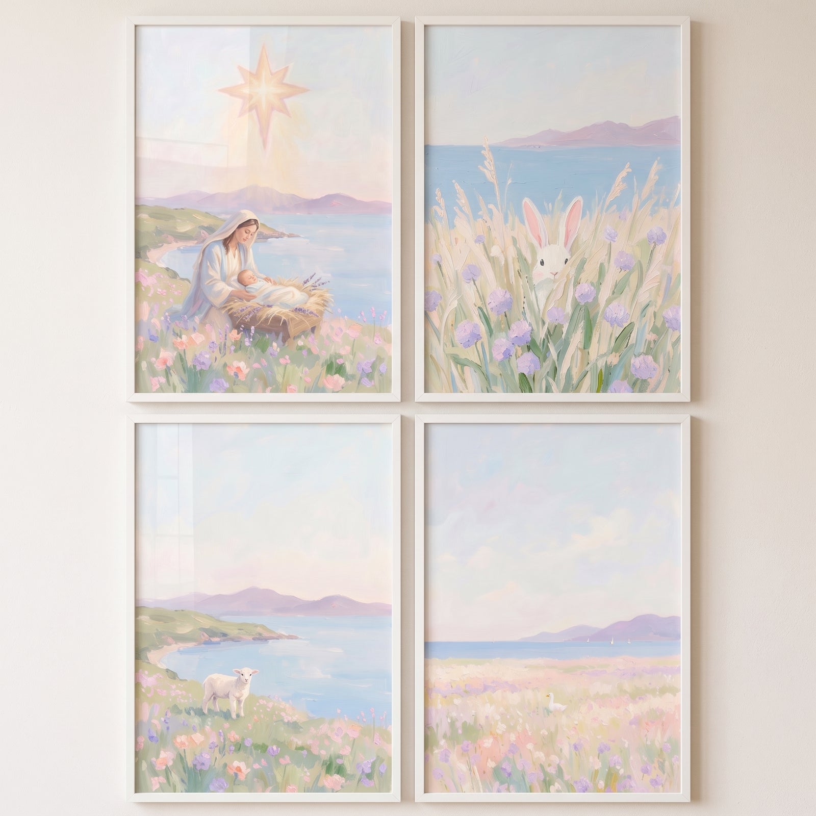 Impressionist purple coastal wall art set of 4 featuring Mary and baby Jesus, a star, a white rabbit, and a lamb by the sea.