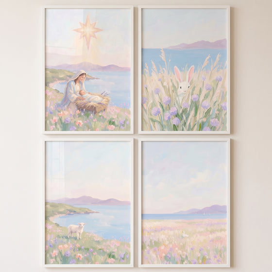 Impressionist purple coastal wall art set of 4 featuring Mary and baby Jesus, a star, a white rabbit, and a lamb by the sea.