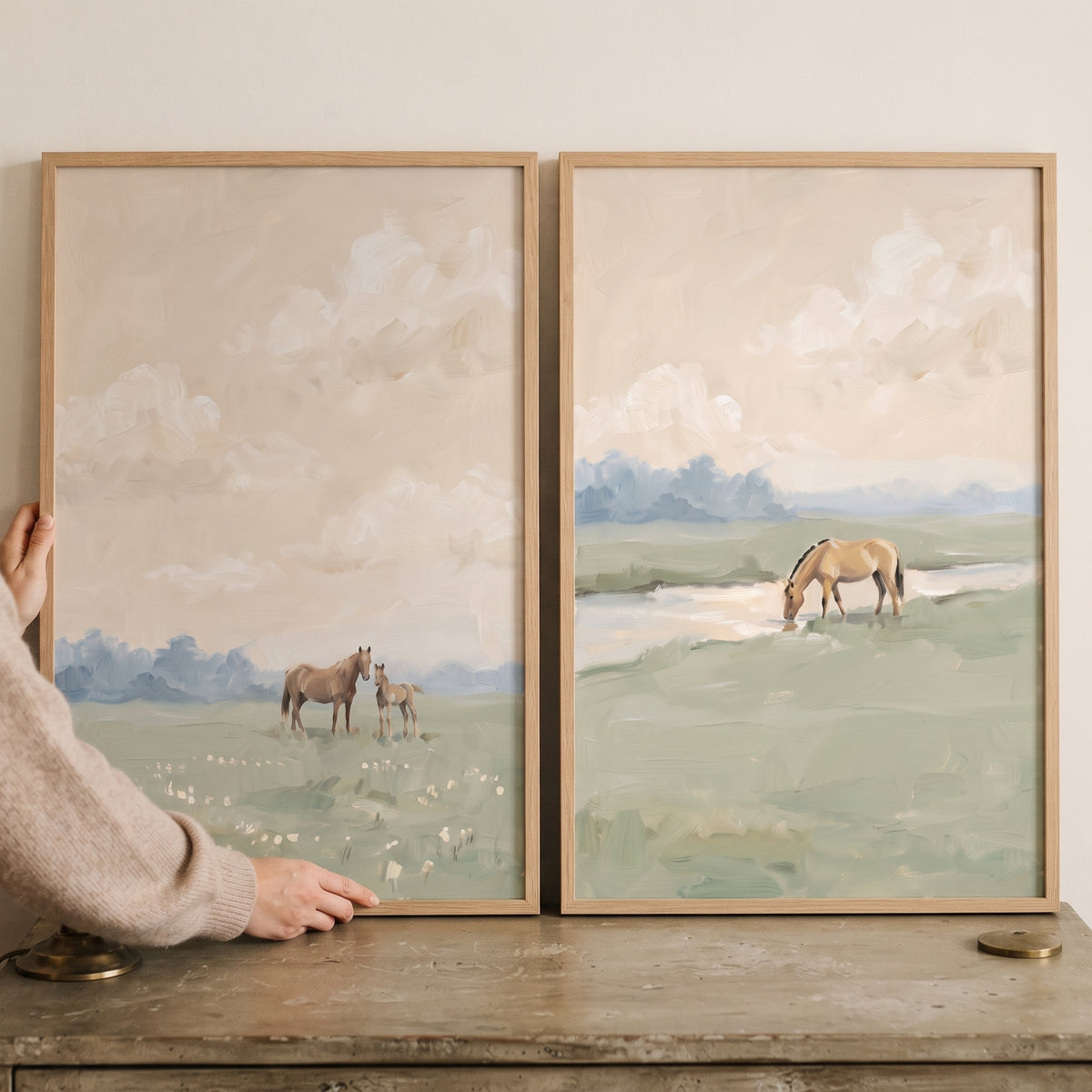 Impressionist Sage Field Horse Artwork Set of 2 - Soft Countryside Fields