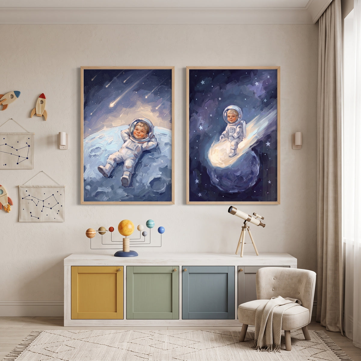 Impressionist Sky Baby Astronaut Wall Art Set of 2 - Cosmic Space Dreams