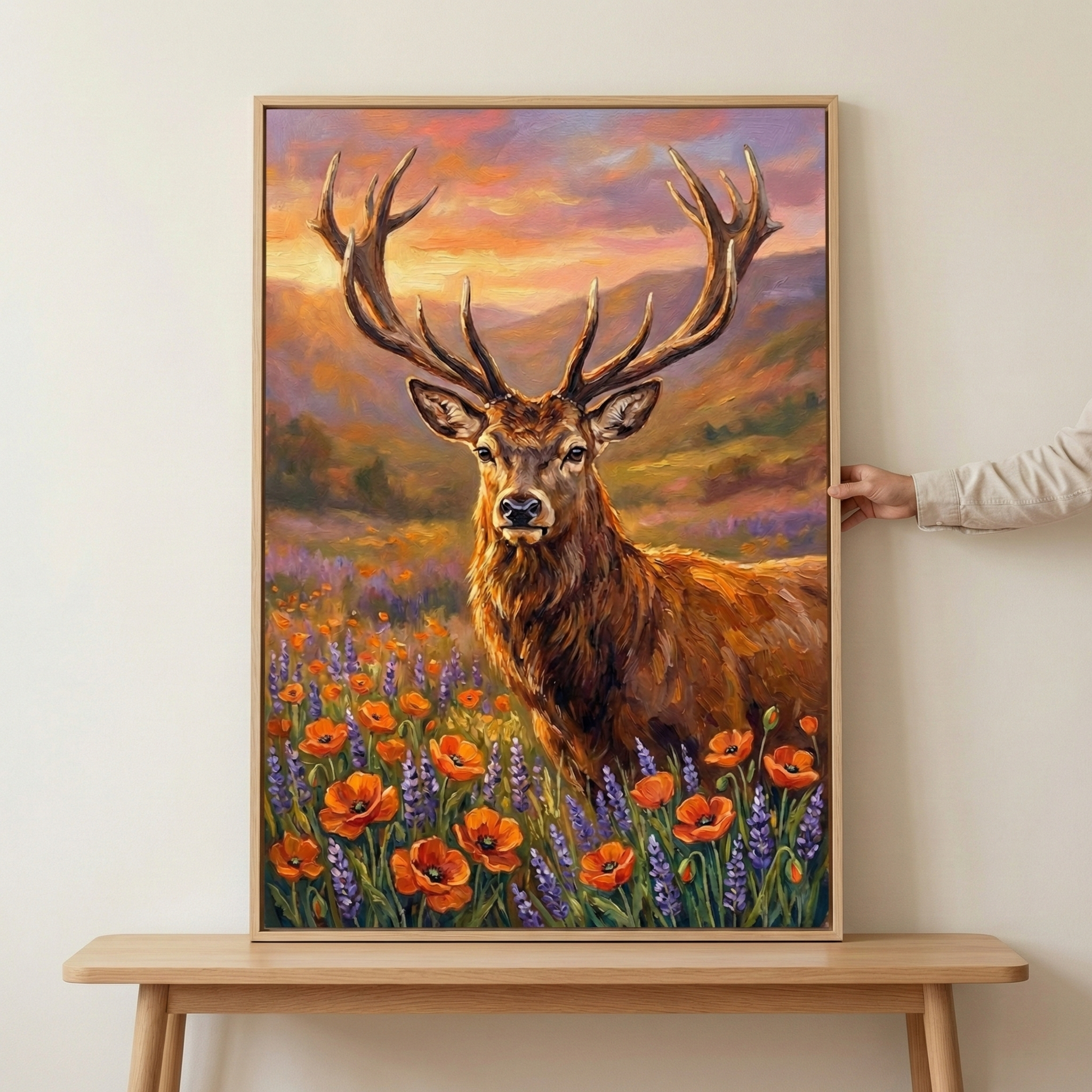 A vertical framed artwork depicts a majestic stag with large, multi-pointed antlers centered in the frame. The deer has brown fur and gazes forward. It stands amidst a vibrant meadow of orange poppies and purple lavender. In the background, rolling hills meet a sky glowing with the hues of a sunset: orange, pink, and soft purple. The style features rich textures and bold brushstrokes. A light wood frame surrounds the piece, which rests on a matching wooden table. A hand holds the right side.
