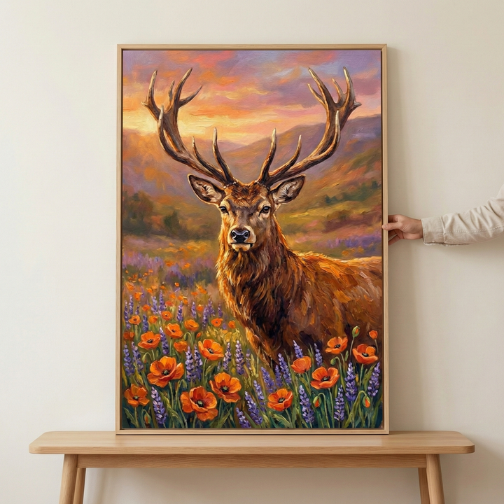 A vertical framed artwork depicts a majestic stag with large, multi-pointed antlers centered in the frame. The deer has brown fur and gazes forward. It stands amidst a vibrant meadow of orange poppies and purple lavender. In the background, rolling hills meet a sky glowing with the hues of a sunset: orange, pink, and soft purple. The style features rich textures and bold brushstrokes. A light wood frame surrounds the piece, which rests on a matching wooden table. A hand holds the right side.