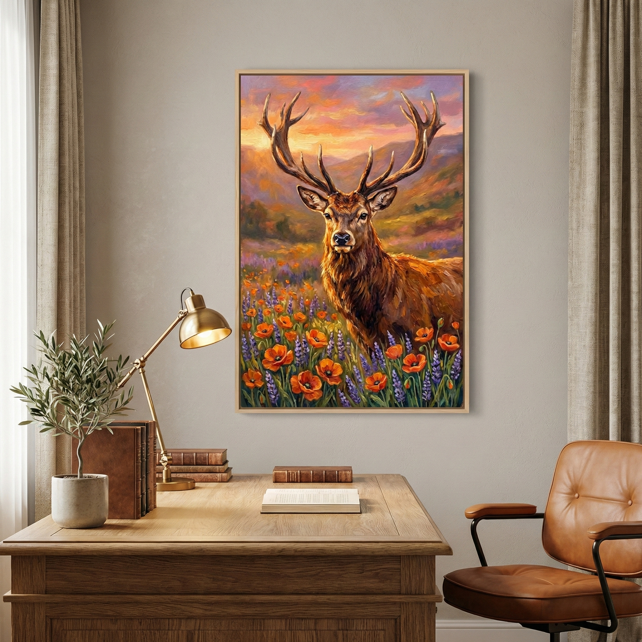 A majestic stag with large, branching antlers stands prominently in a vibrant field of wildflowers. The foreground is filled with bright orange poppies and clusters of purple blossoms, while the background depicts rolling hills under a colorful sky at sunset, blending hues of gold, orange, and purple. The artwork features a detailed and textured style that captures the play of light on the animal's fur and the surrounding landscape.