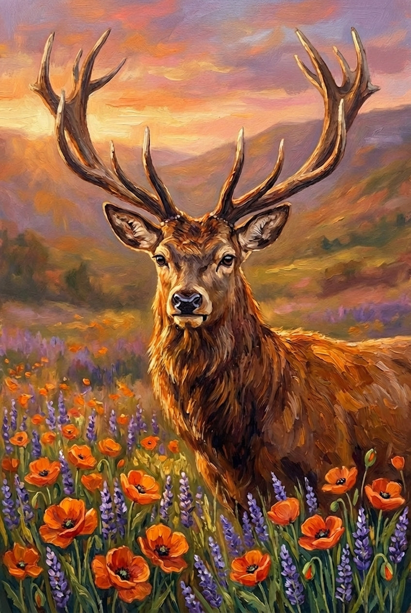 Oil painting of a stag standing among bright red poppies and purple wildflowers. The mountains behind glow under a warm sunset sky of orange and lavender tones. The bold colors and textured brushwork create a dramatic countryside scene.

