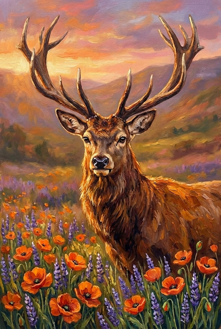 Oil painting of a stag standing among bright red poppies and purple wildflowers. The mountains behind glow under a warm sunset sky of orange and lavender tones. The bold colors and textured brushwork create a dramatic countryside scene.

