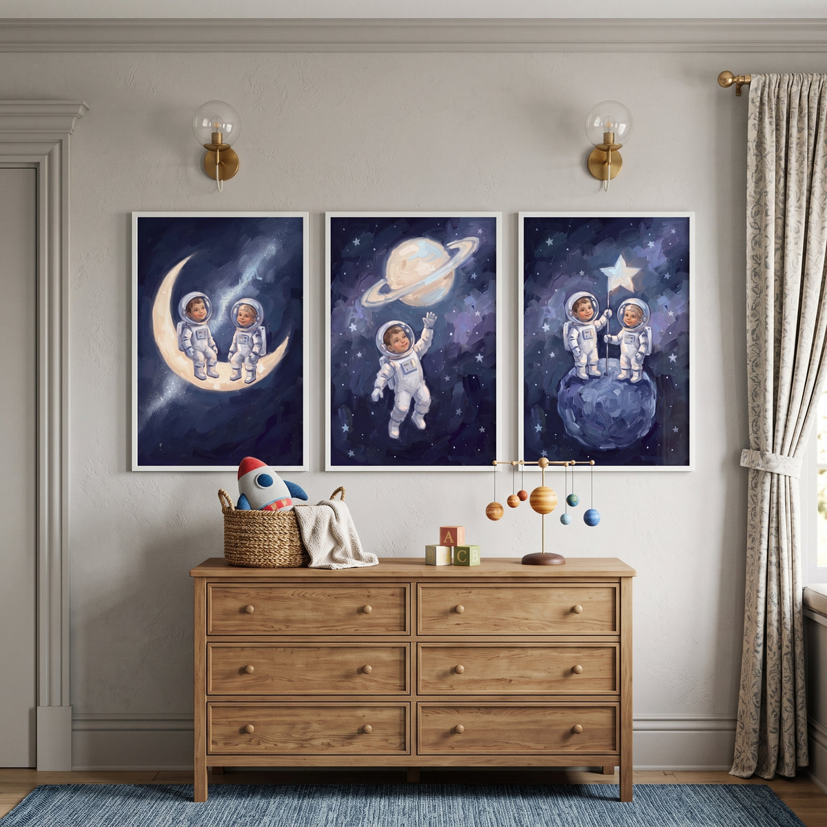 Impressionist Starry Baby Astronaut Wall Art Set of 3 - Little Space Explorers