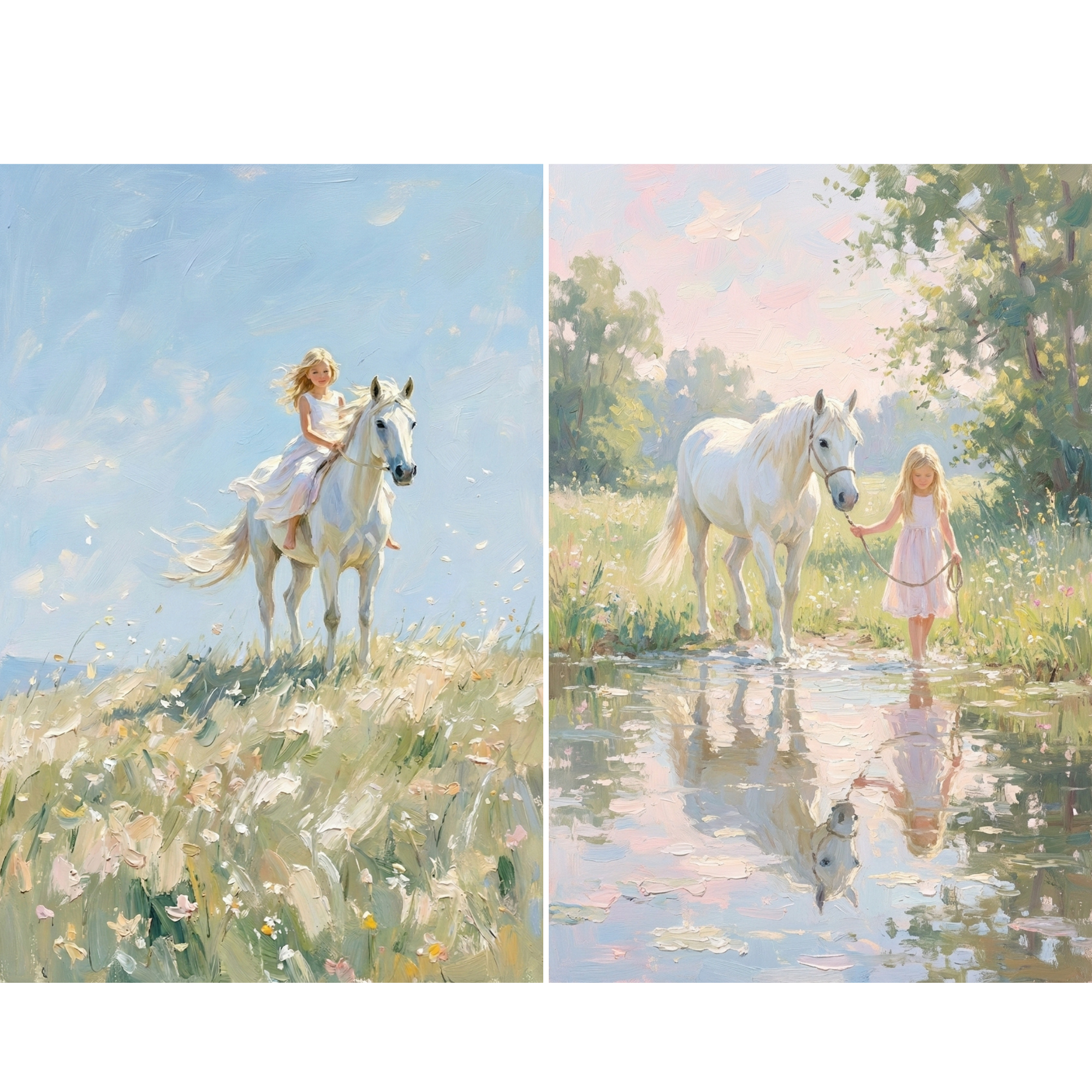Two soft, impressionistic paintings of a young girl and a white horse in a bright countryside. In one, the girl rides the horse across a breezy hill covered in wildflowers under a wide blue sky. In the other, she gently leads the horse through shallow water beside a meadow, their reflections shimmering in the calm surface.