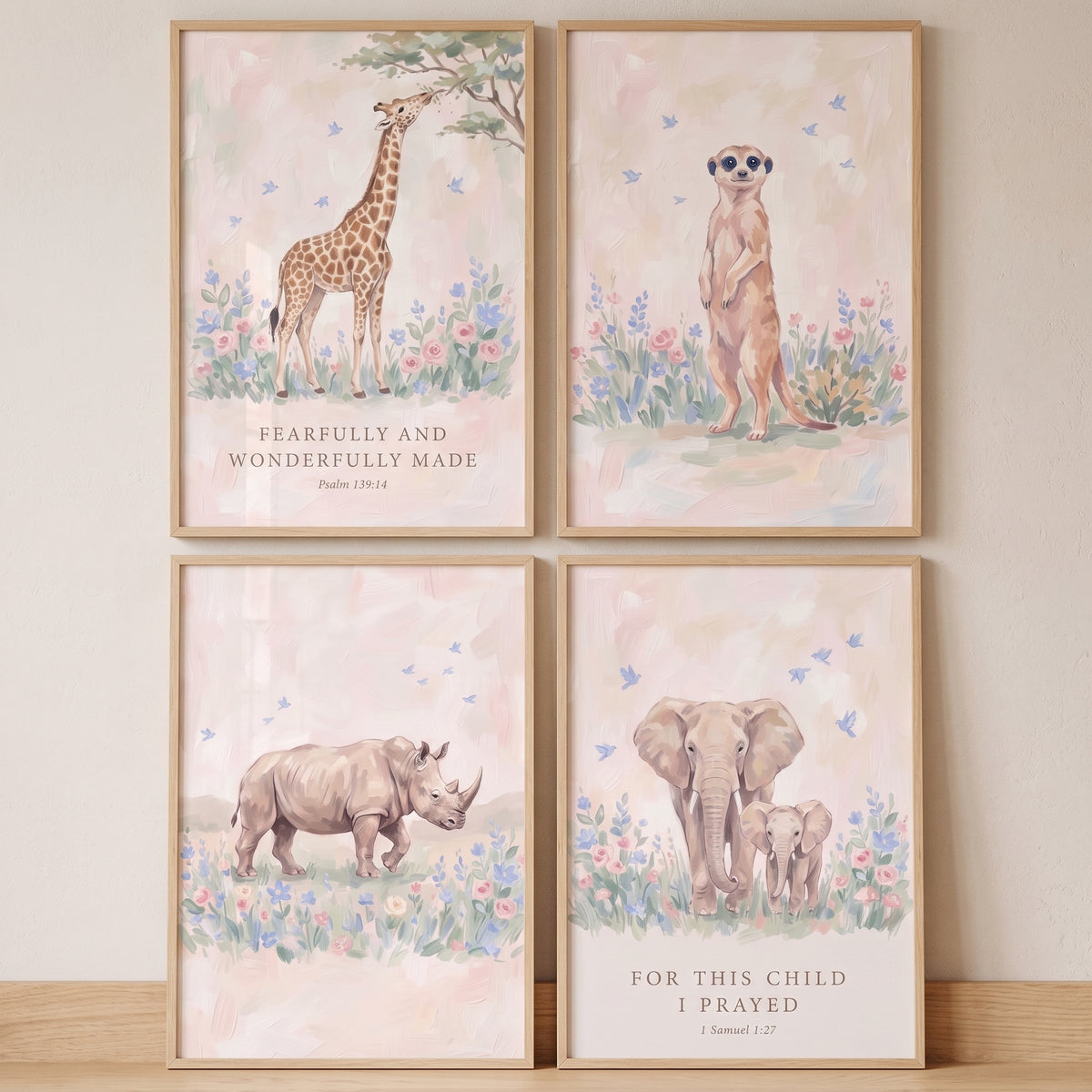Impressionist wildflower safari animals wall art set of 4 with a giraffe, meerkat, rhino, and elephants with scripture.