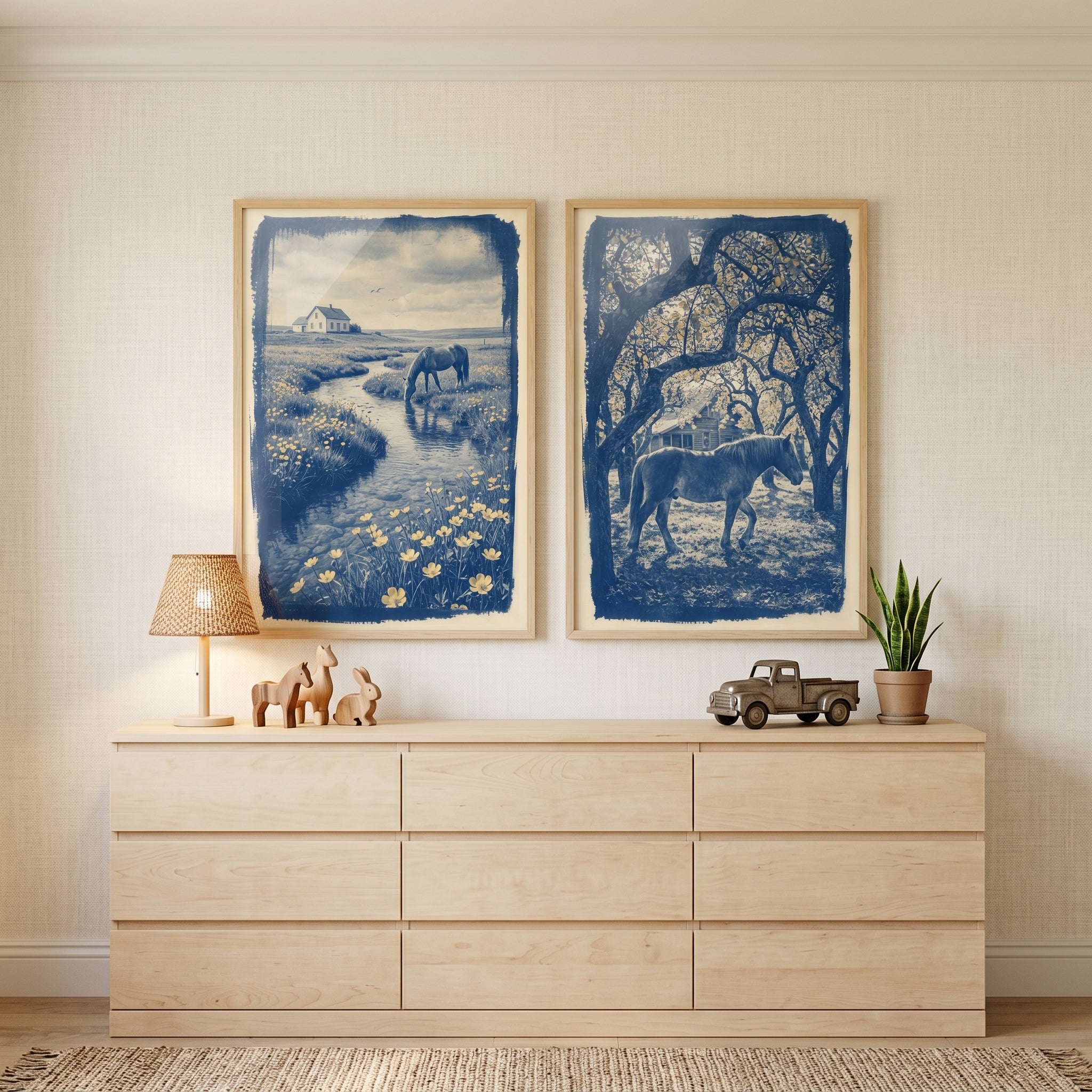 Indigo Blue Pastoral Horse Wall Art Set of 2 - Azure Meadow Scenes