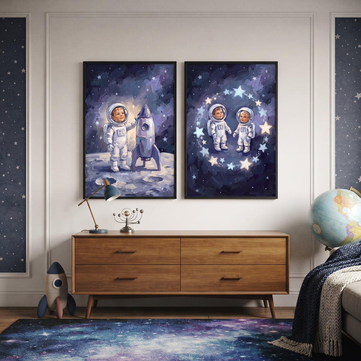 Indigo Cosmic Baby Astronaut Wall Art Set of 2 - Little Star Explorers