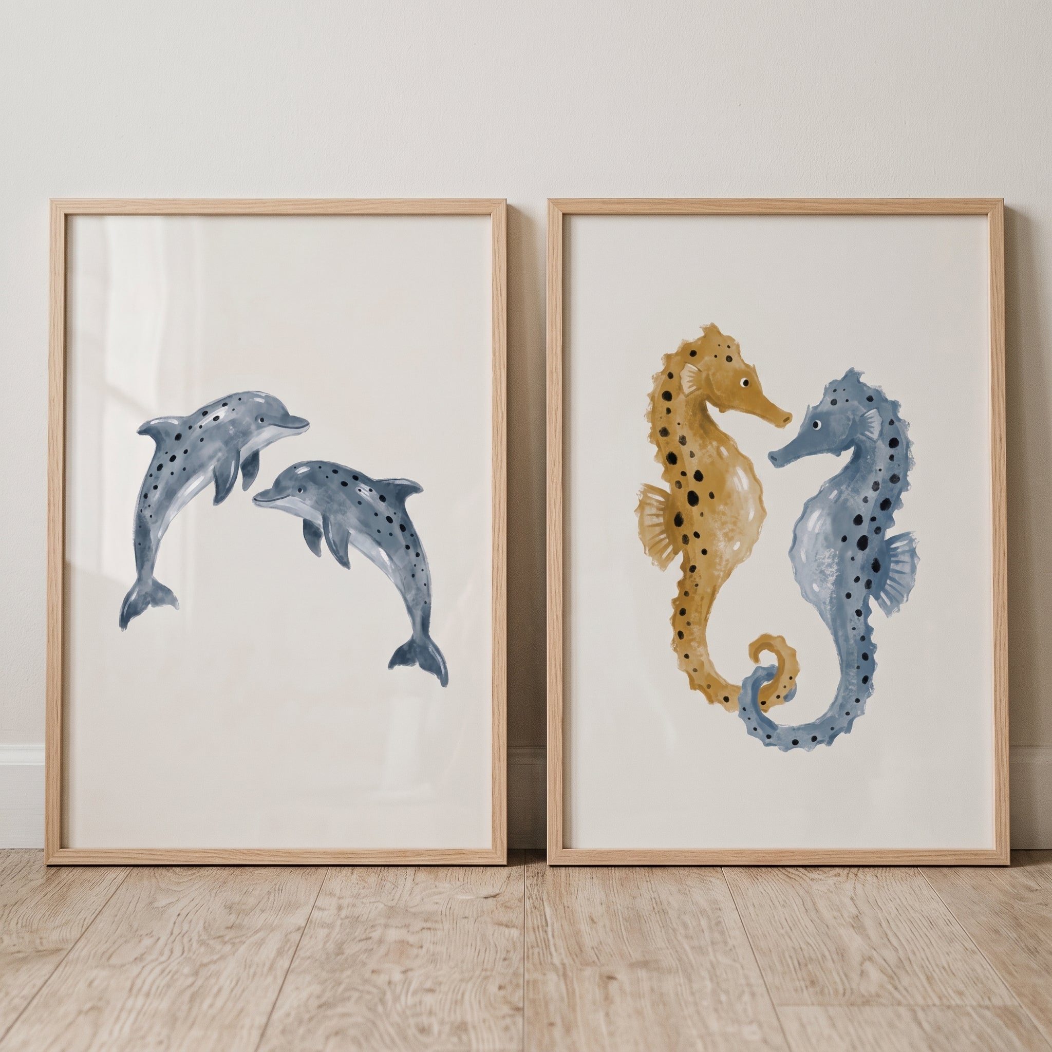 Indigo Ochre Marine Animal Wall Art Set of 2 - Oceanic Animal Duos