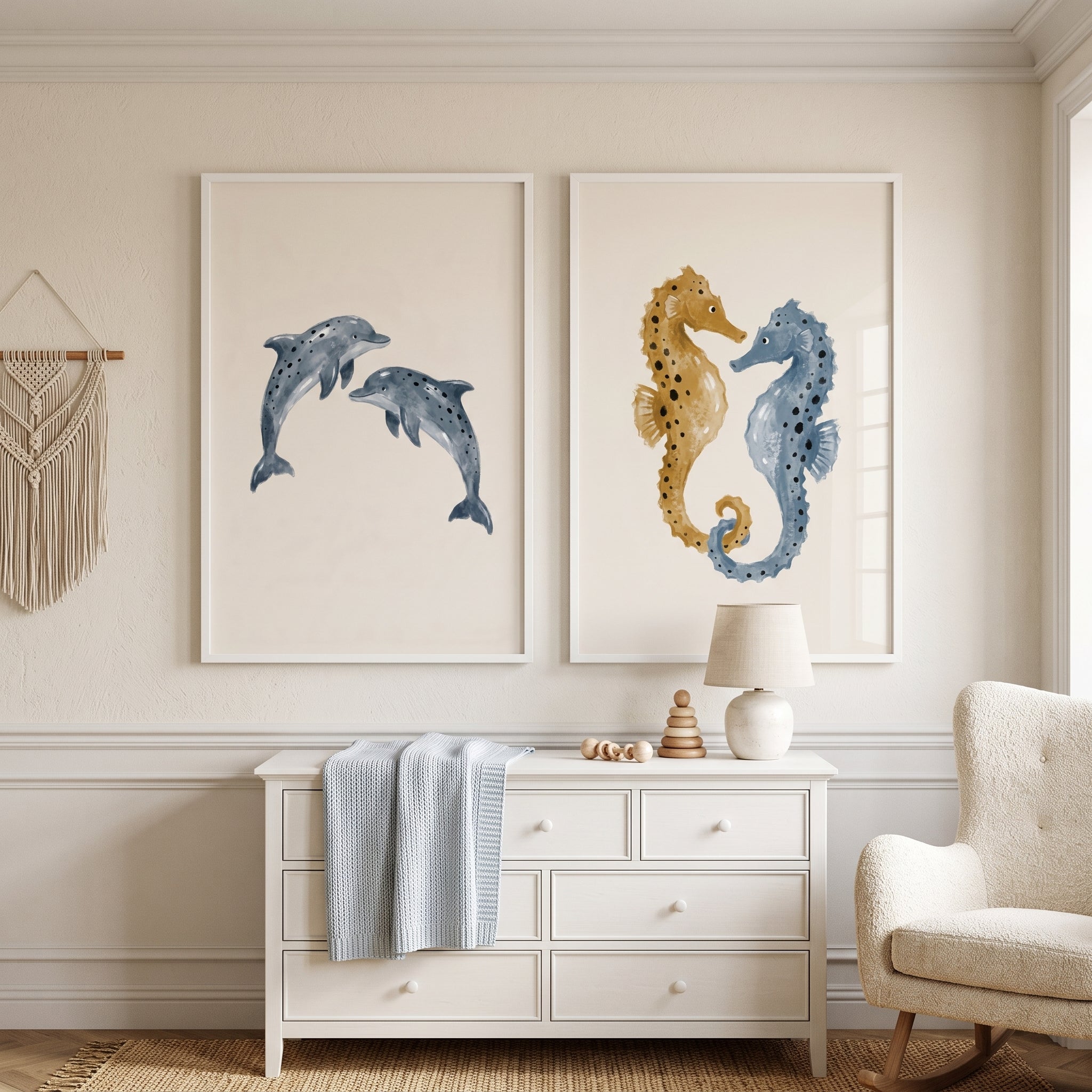 Indigo Ochre Marine Animal Wall Art Set of 2 - Oceanic Animal Duos