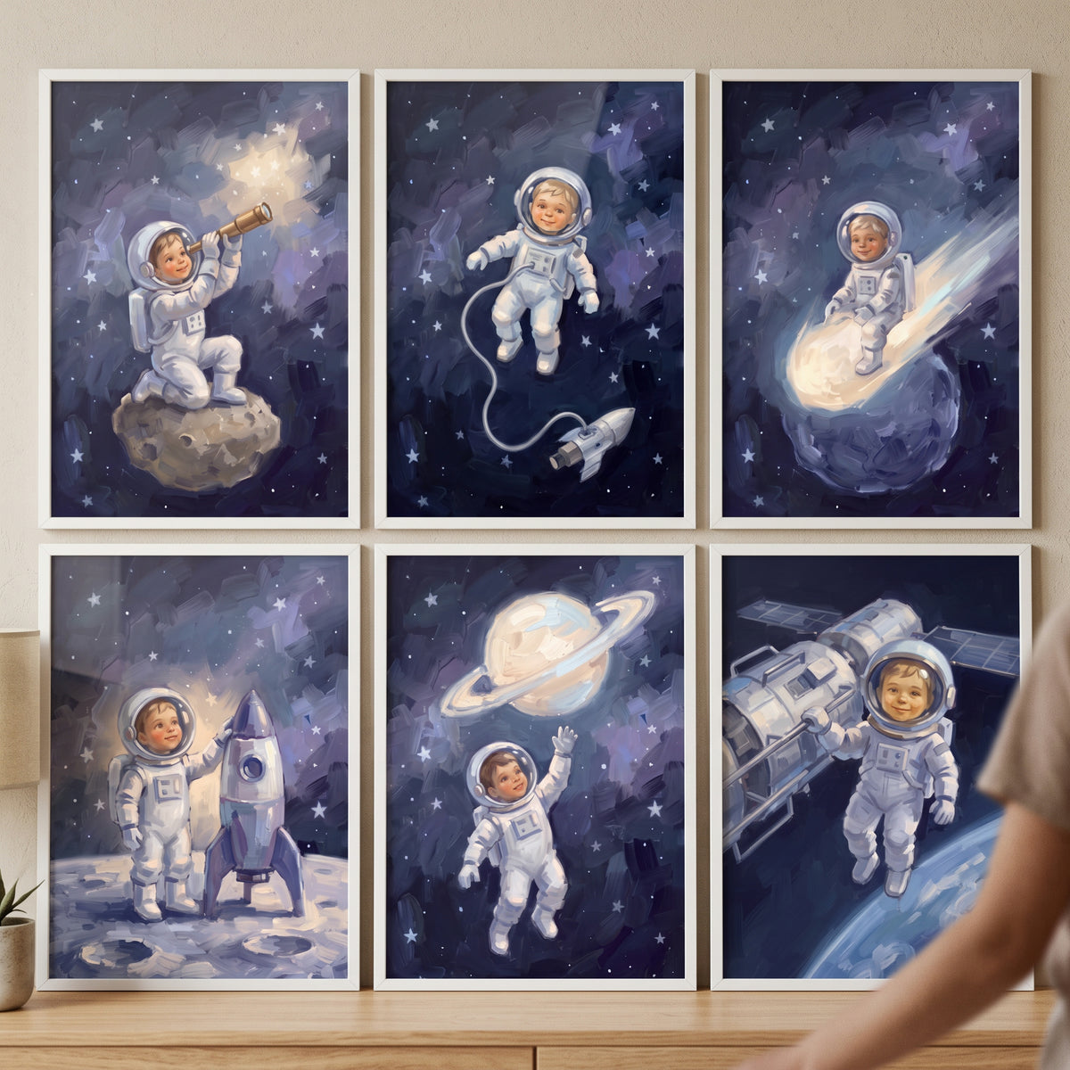 Indigo space baby astronaut wall art set of 6 features an infant exploring stars, planets, and rockets in framed prints.