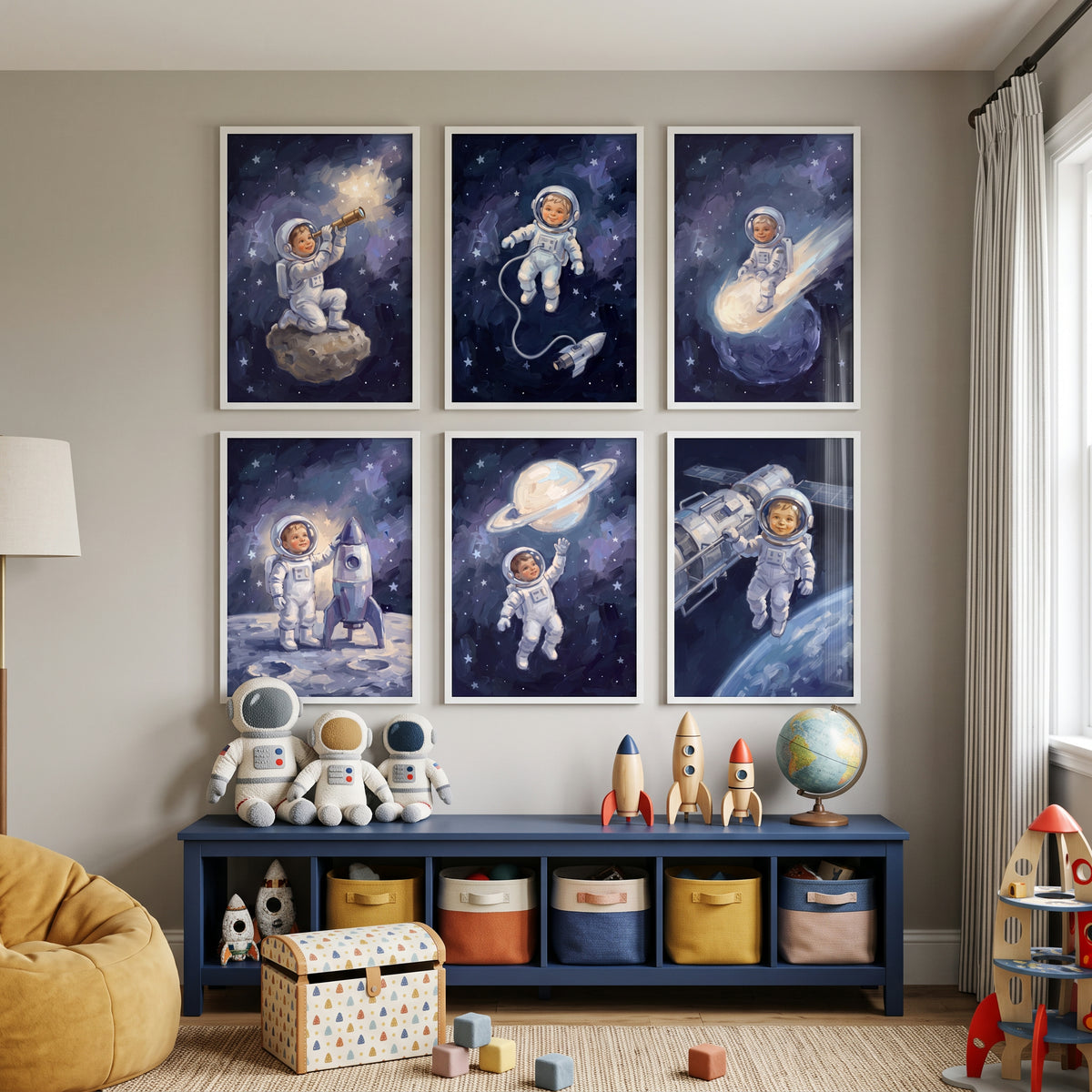 Indigo Space Baby Astronaut Wall Art Set of 6 - Cosmic Childhood Adventures