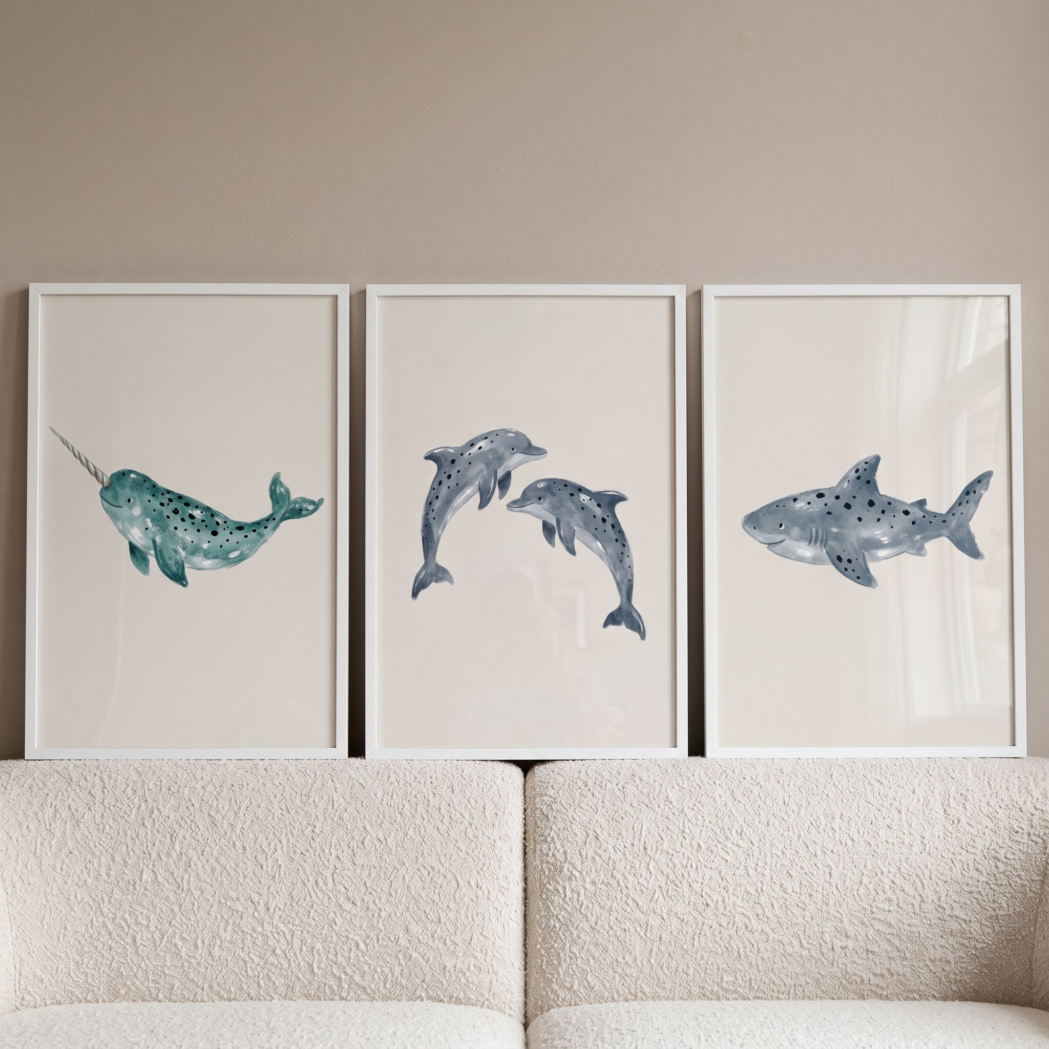 Indigo Speckled Sea Animal Wall Art Set of 3 - Whimsical Ocean Trio