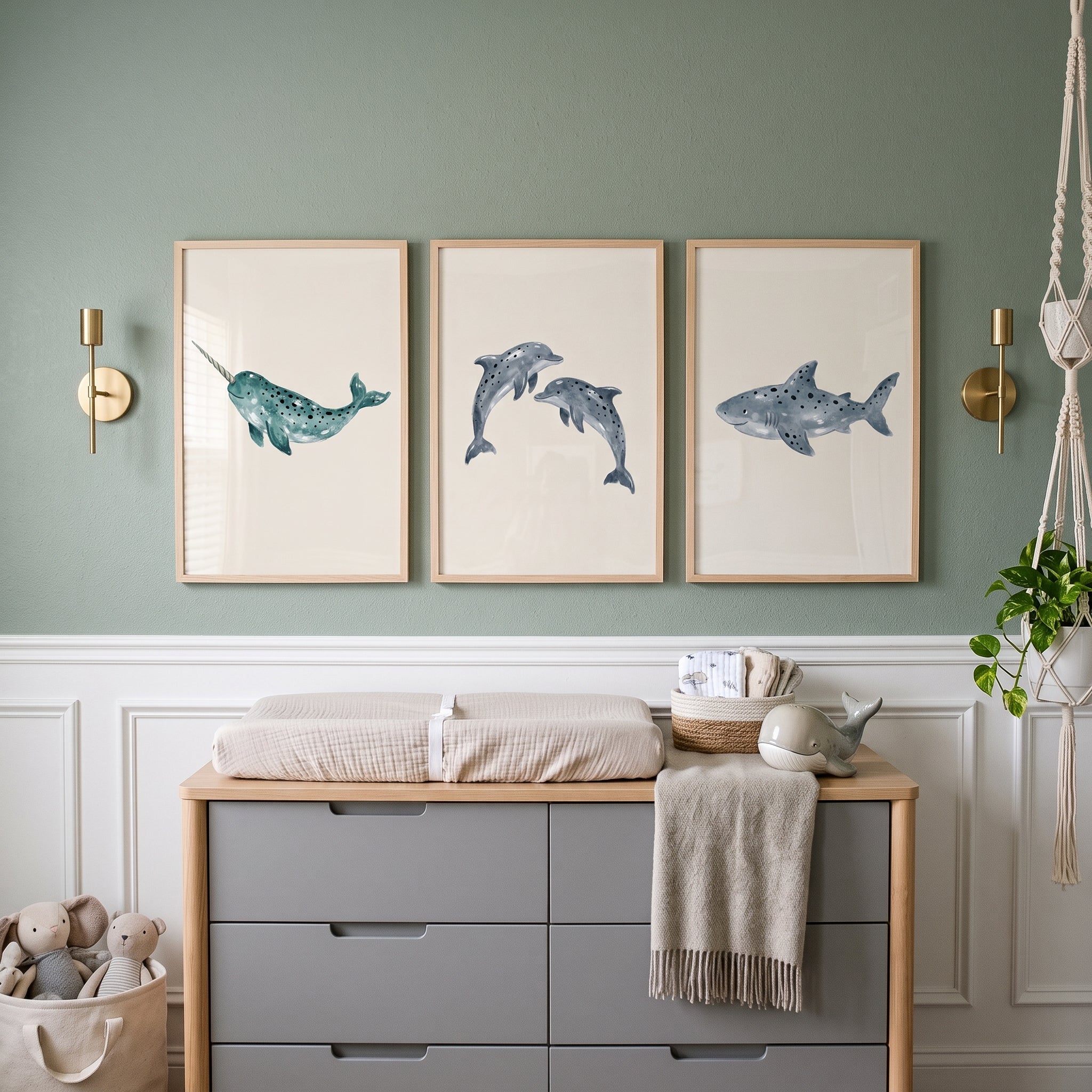 Indigo Speckled Sea Animal Wall Art Set of 3 - Whimsical Ocean Trio