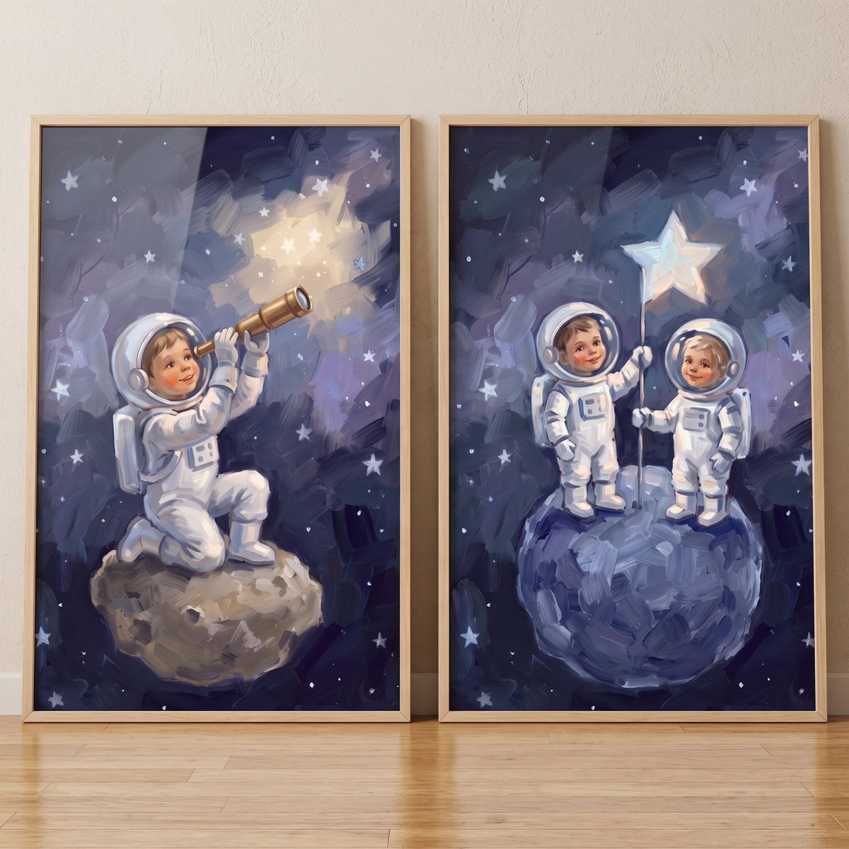 Indigo stellar baby astronaut wall art set of 2 featuring children in space suits on an asteroid and moon with a telescope.
