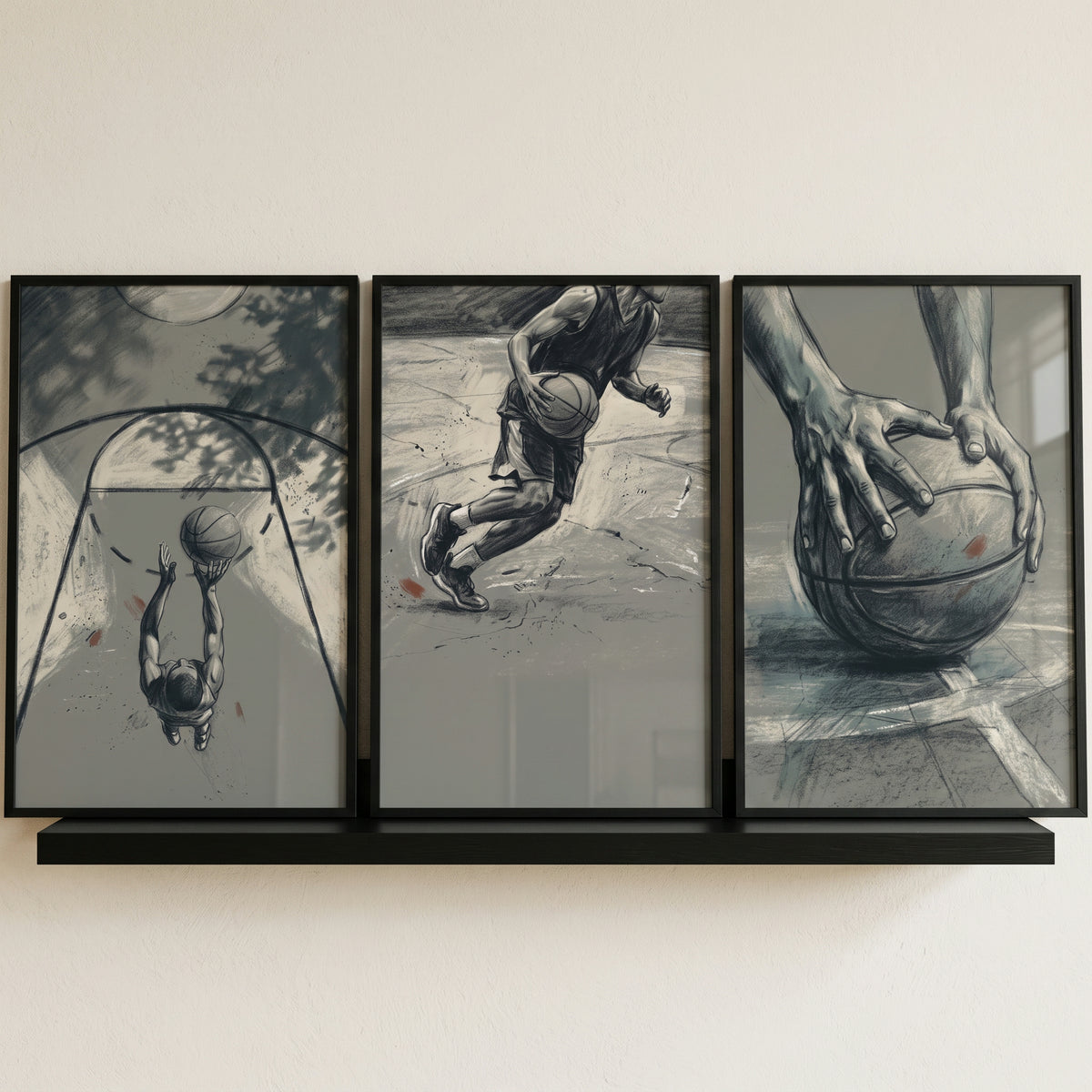 Industrial basketball player sports wall art set of 3 with sketches of a layup, dribbling, and hands holding a ball.