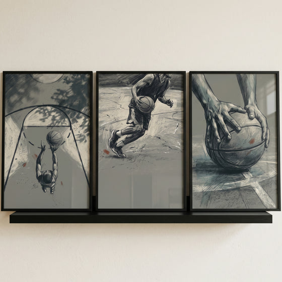 Industrial basketball player sports wall art set of 3 with sketches of a layup, dribbling, and hands holding a ball.