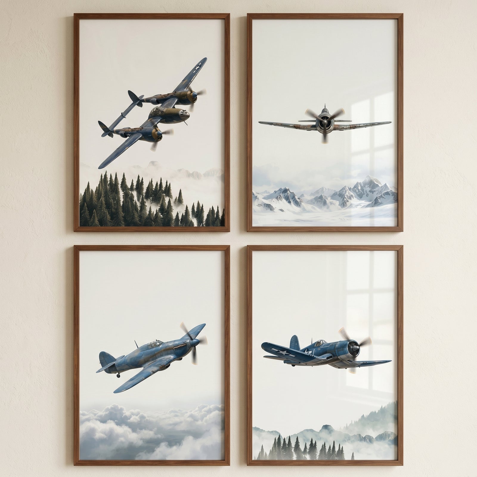 Industrial flight military aircraft wall art set of 4 shows vintage planes flying over forests, clouds, and mountains.