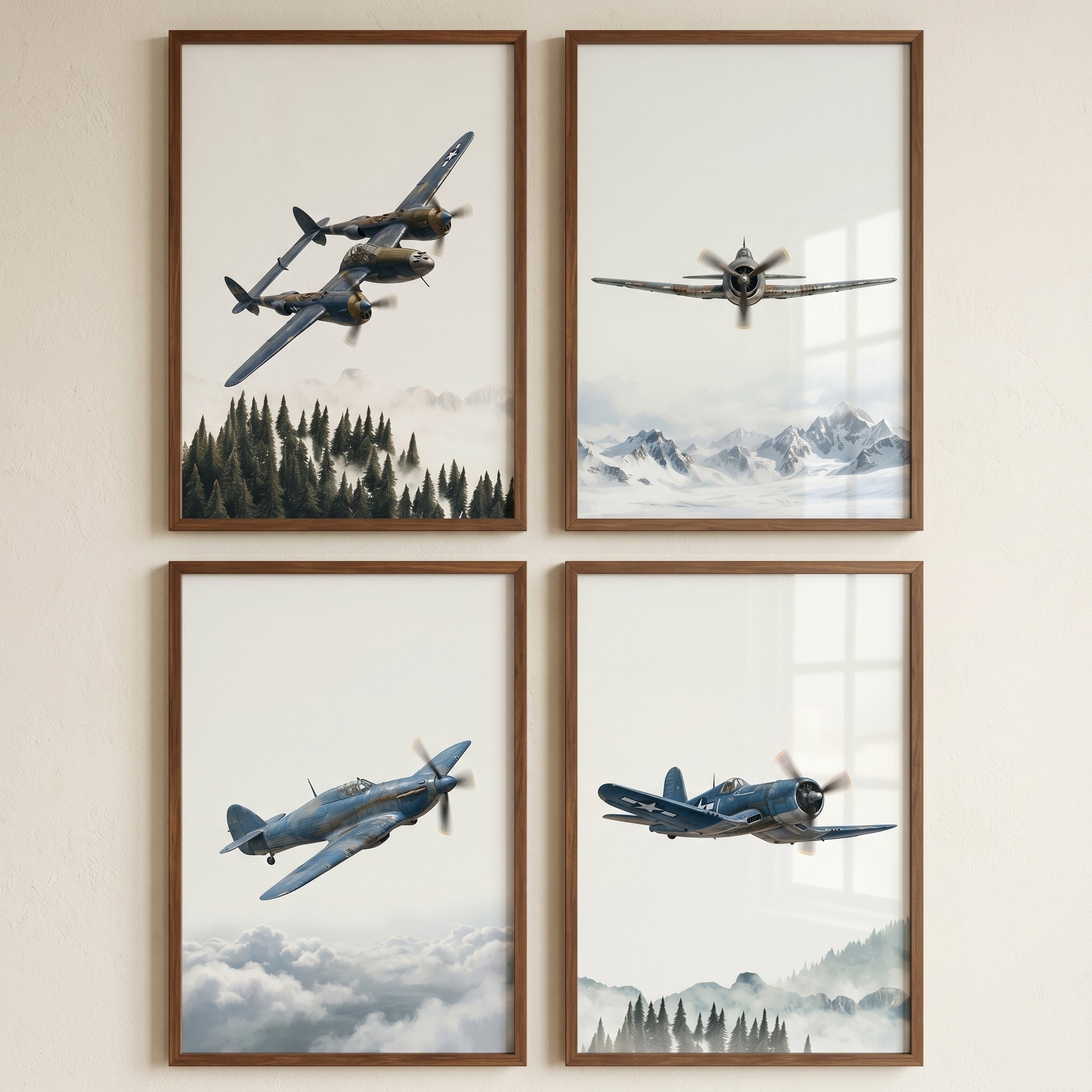 Industrial Flight Military Aircraft Wall Art Set of 4 - Vintage Aerial Patrol