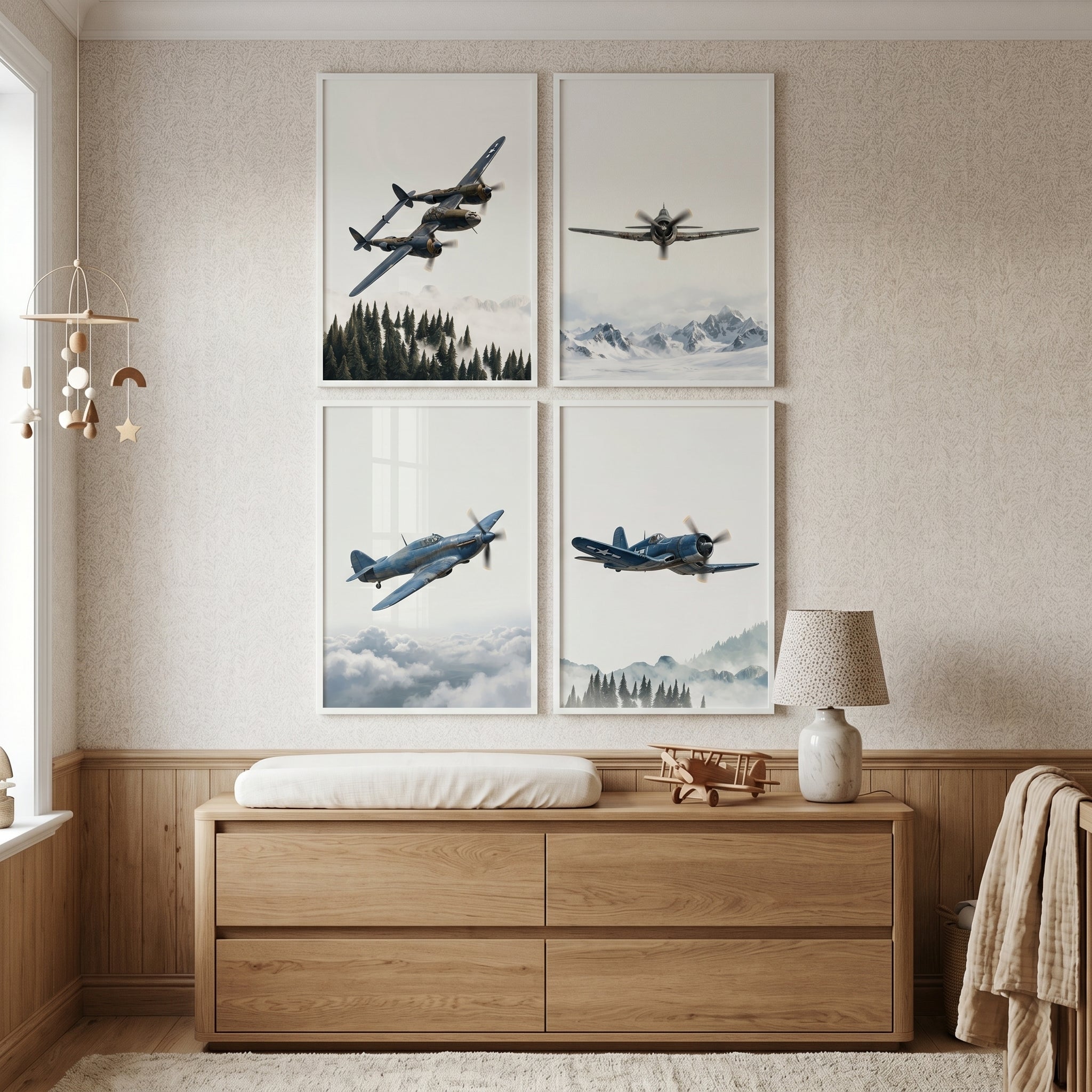 Industrial Flight Military Aircraft Wall Art Set of 4 - Vintage Aerial Patrol