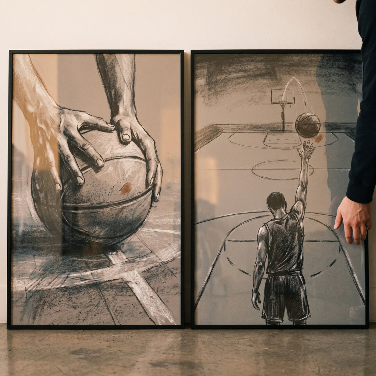 Industrial moody basketball player sports wall art set of 2 sketches showing hands with a ball and a player shooting a hoop.