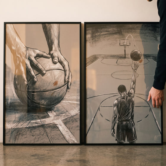 Industrial moody basketball player sports wall art set of 2 sketches showing hands with a ball and a player shooting a hoop.