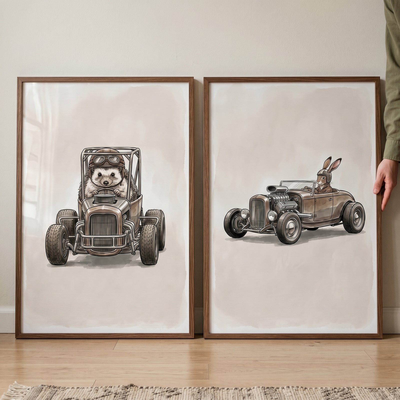 Industrial vintage racing animal wall art set of 2 featuring a hedgehog and a rabbit driving antique race cars.