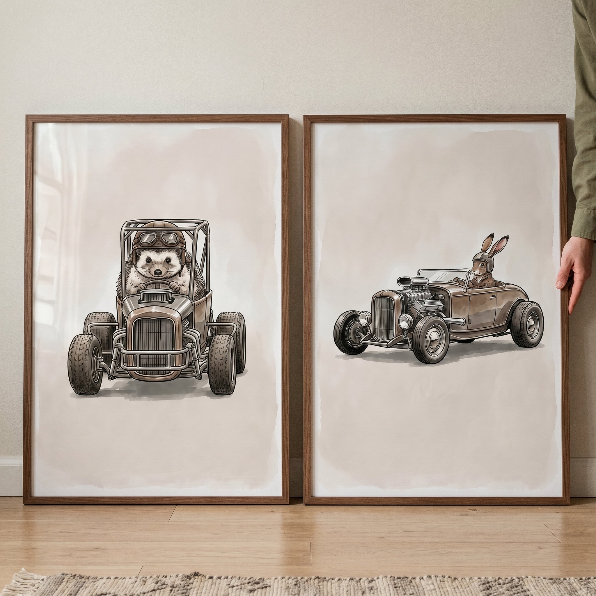 Industrial Vintage Racing Animal Wall Art Set of 2 - Speedy Woodland Friends