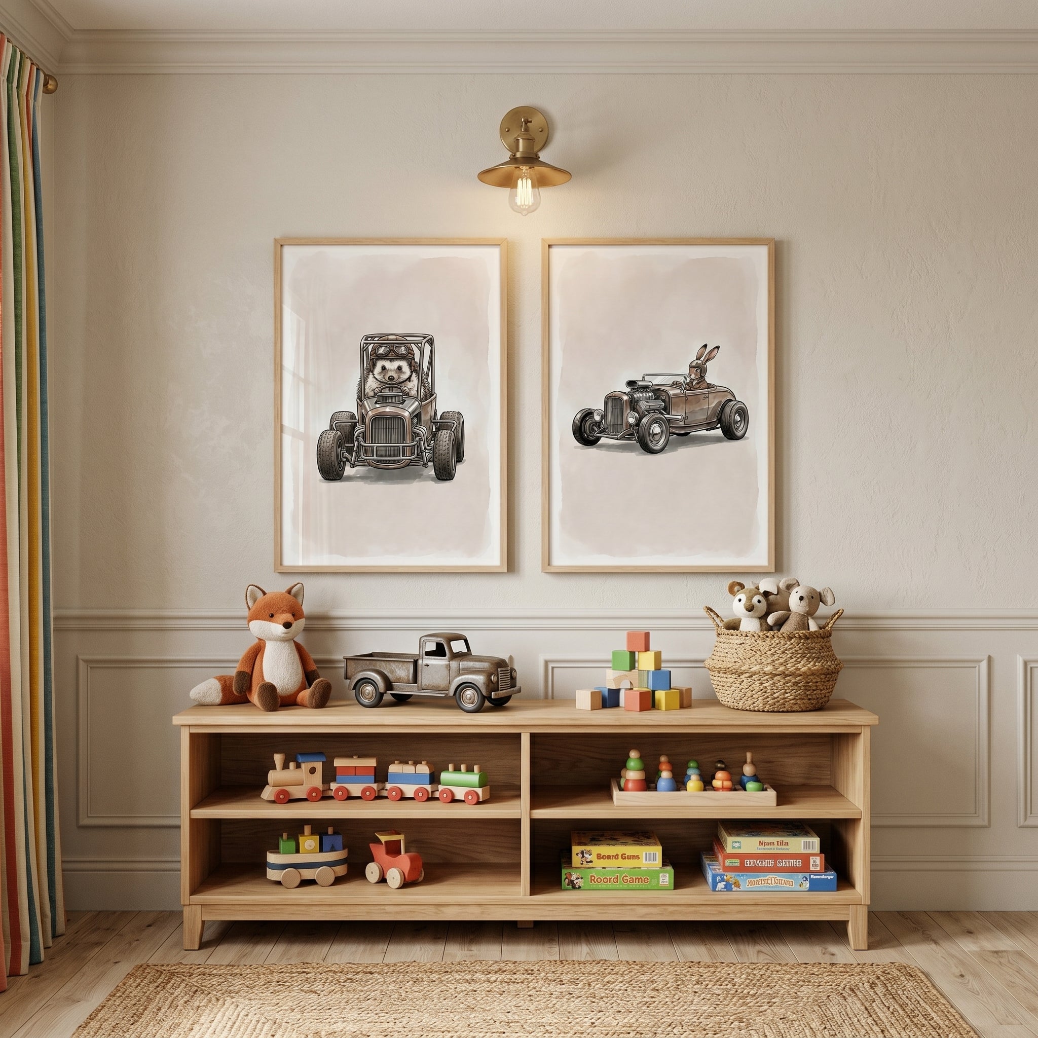 Industrial Vintage Racing Animal Wall Art Set of 2 - Speedy Woodland Friends